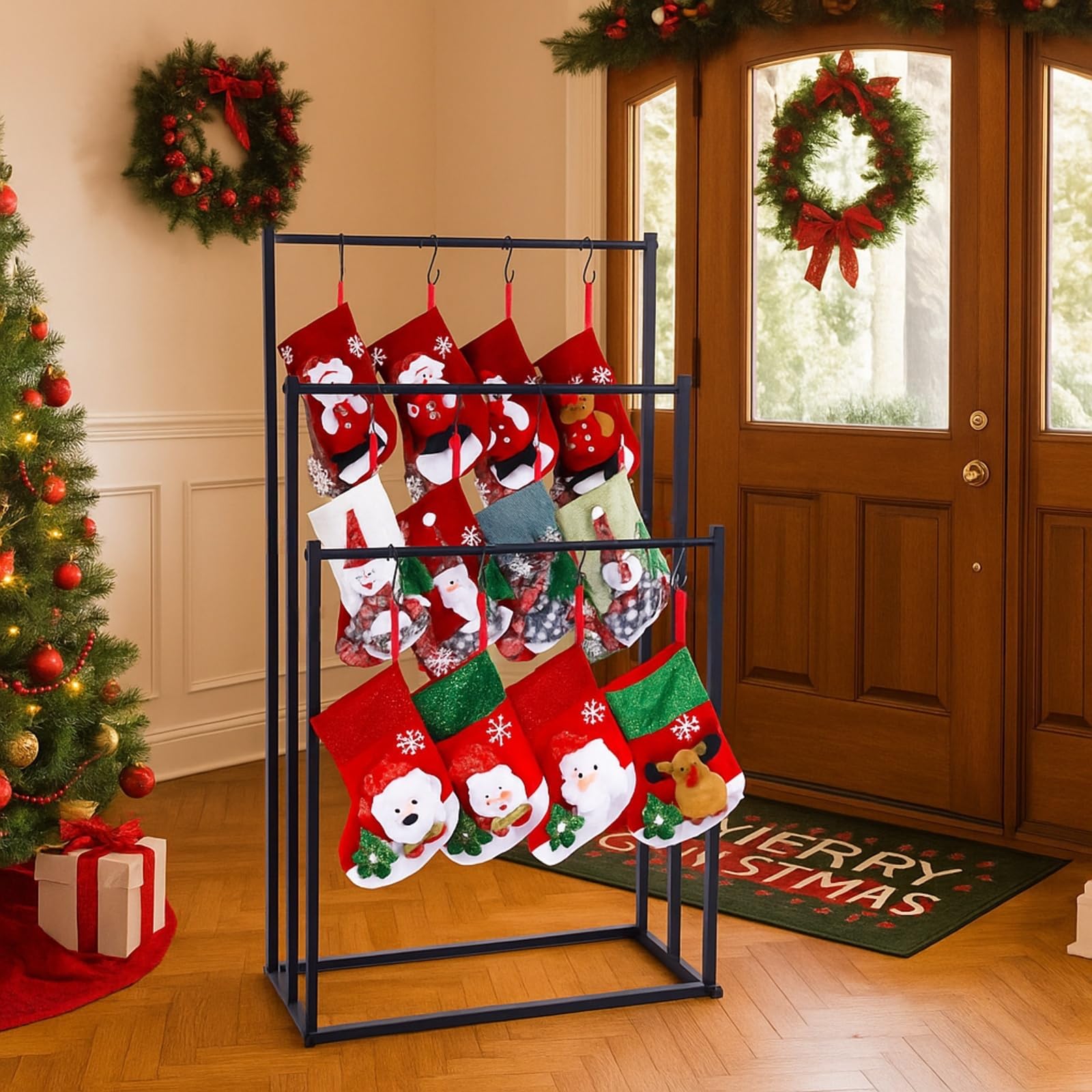 3 tier christmas stocking holder stand for floor, 20 hook stocking hanger rack, black holiday display decoration holder, heavy duty metal tubes with removable adjustable hook