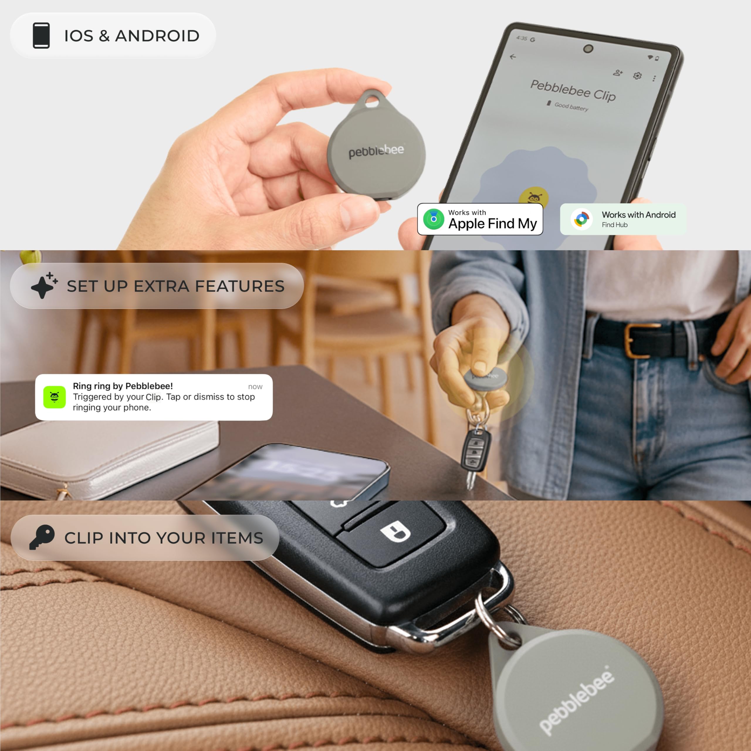 Pebblebee Clip 5 | Tag tracker Bluetooth ricaricabile per chiavi e borse | Alternativa a Air Tag e tracker Android | Sirena da 130 dB, stroboscopio LED luminoso, batteria 12 mesi, modalità di