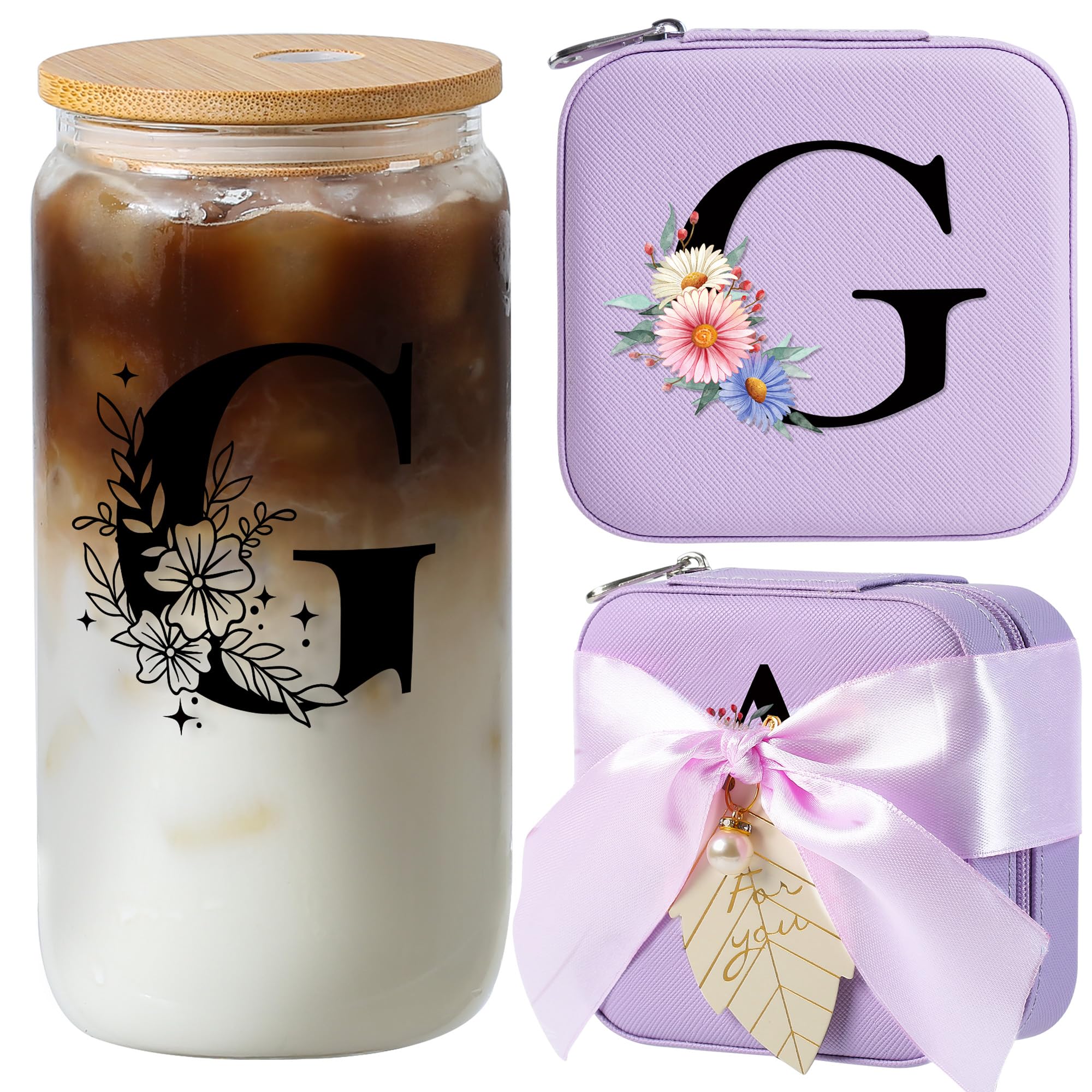 AYGXU Travel essential jewelry box,16oz Glass Cups with Bamboo Lids and Straws set,Personalized Jewelry Boxes for Women Girls,Travel Gifts for Women,Birthday Gifts for Girls,Initial G purple