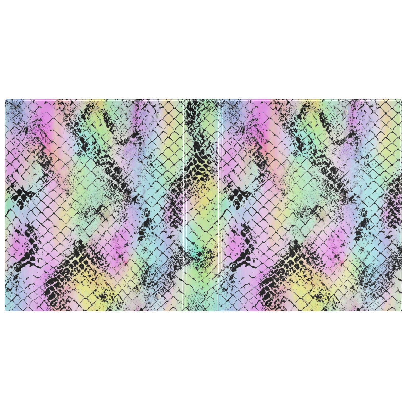Kcldeci Raccoglitore a 3 anelli, copertina rigida, stampa pelle di serpente arcobaleno, anelli rotondi da 3,8 cm, con tasche interne, per scuola, ufficio, ricette, raccoglitori, confezione da 2