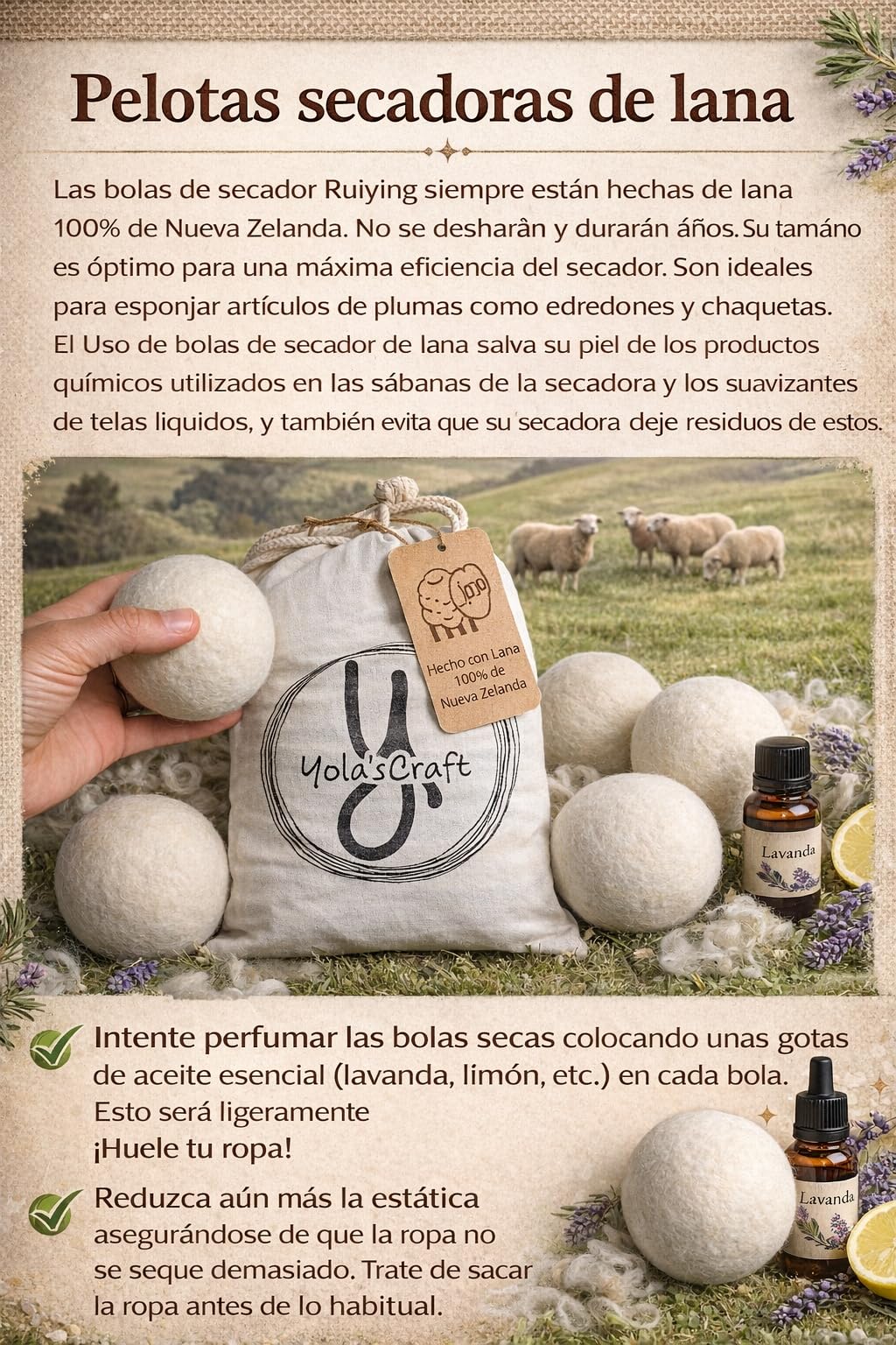 Ahorra 25% de Luz - Pack 6 Bolas de Lana para Secadora XL Yolascraft - 100% Lana Nueva Zelanda, Reutilizables y Suavizante Natural