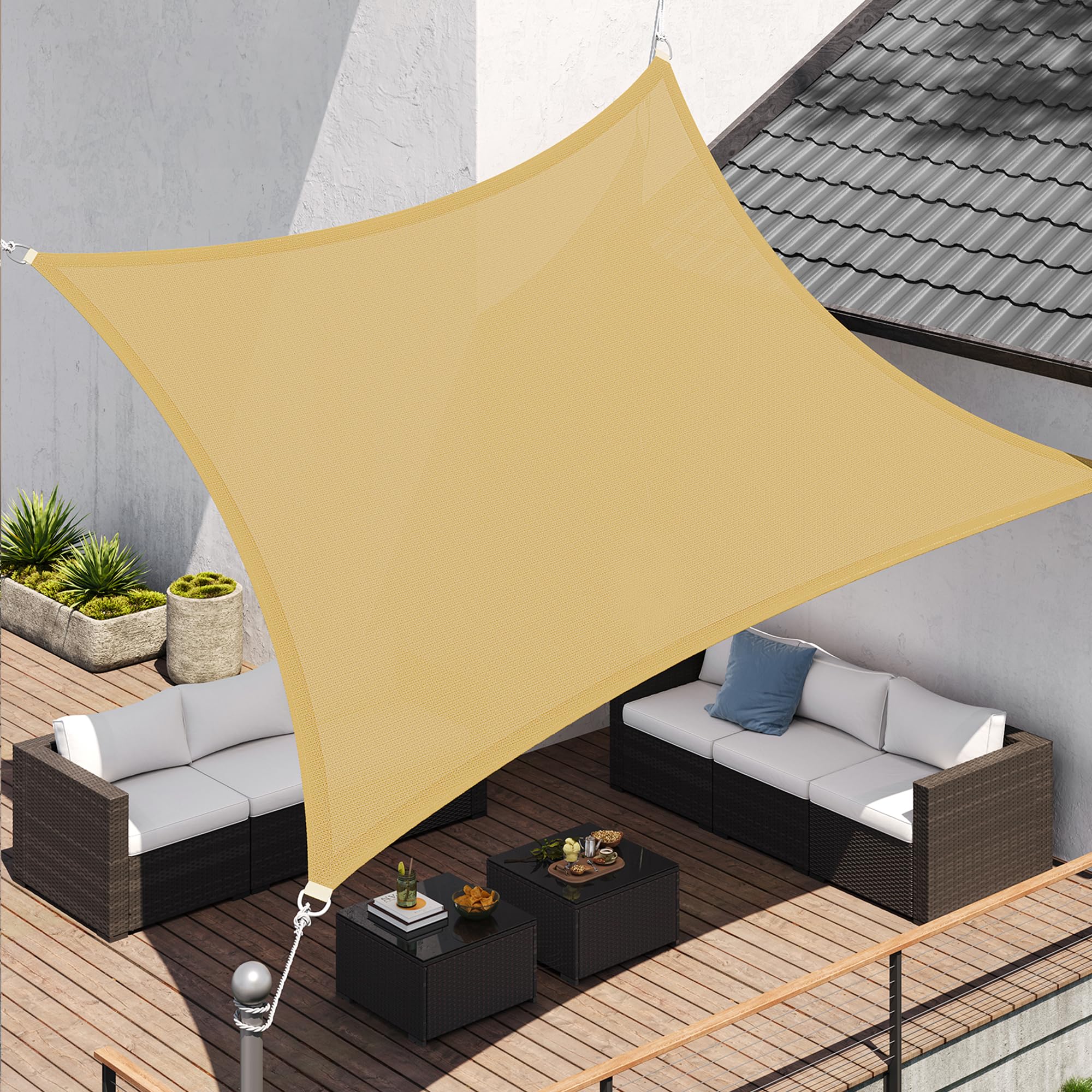 SONGMICS Sonnensegel 3 x 4 m, Sonnenschutz aus HDPE-Gewebe, luftdurchlässig, wasserdurchlässig, für Terrasse, Garten, Balkon, Camping, rechteckig, konkav, 2 m Seile, sandgelb GSS34EYV1