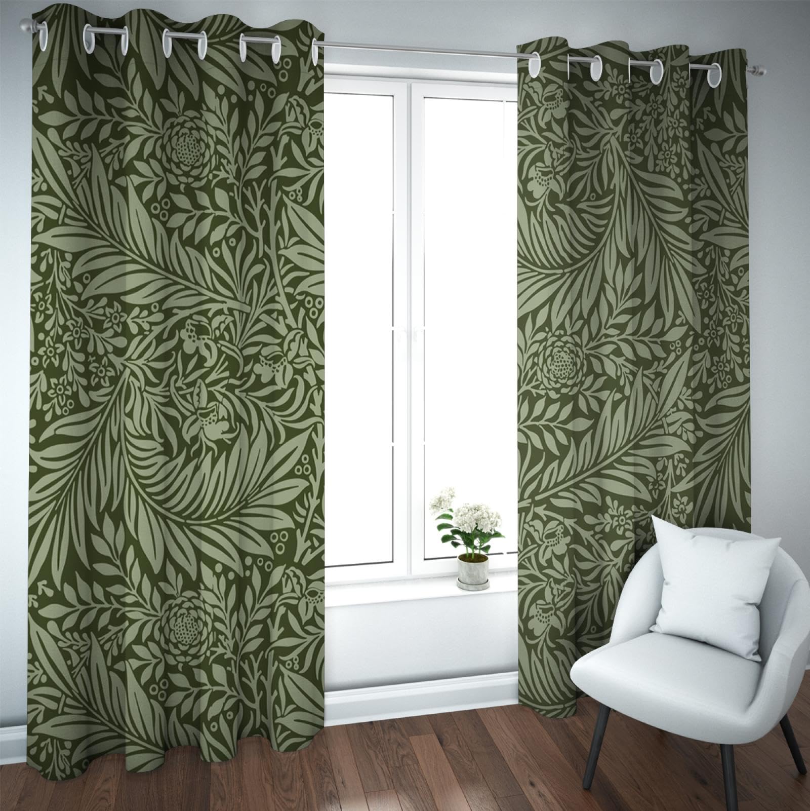YUNART Olive Green Curtains William Morris Classic Style Plant Leaves Curtains for Bedroom Vintage Farmhouse Curtains Window Treatment Sets 2x W180xL250cm