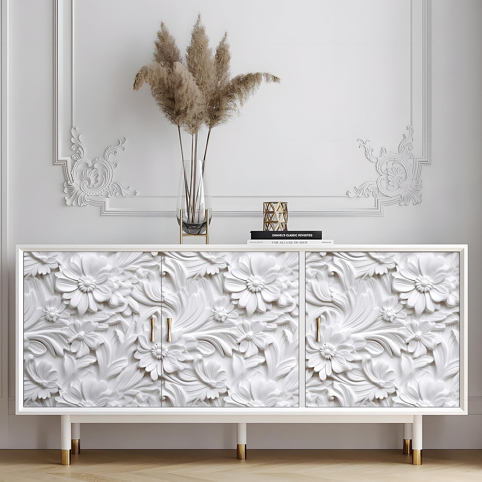 LaCheery Biała samoprzylepna tapeta kwiatowa, efekt 3D, tapeta ścienna, kwiaty, do salonu, 44,5 cm x 700 cm, tapeta z białym wzorem, winylowa, folia samoprzylepna do mebli, kwiatowa tapeta ścienna