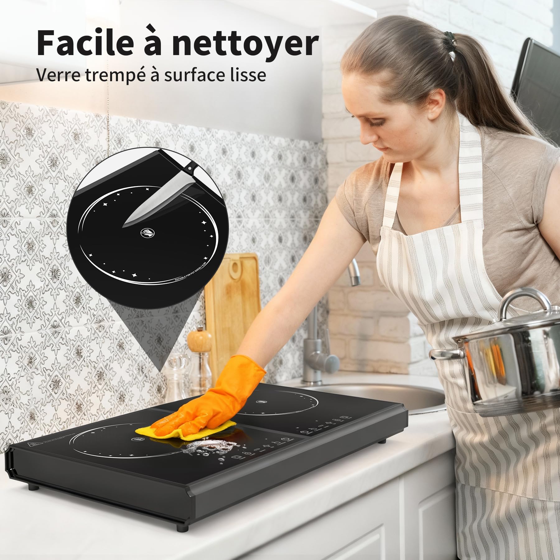 VBGK plaque cuisson électrique. 220 V, 3600 W, plaque de cuisson électrique 2 feux, plan de travail avec 9 niveaux de puissance, commande tactile LED, protection contre la surchauffe