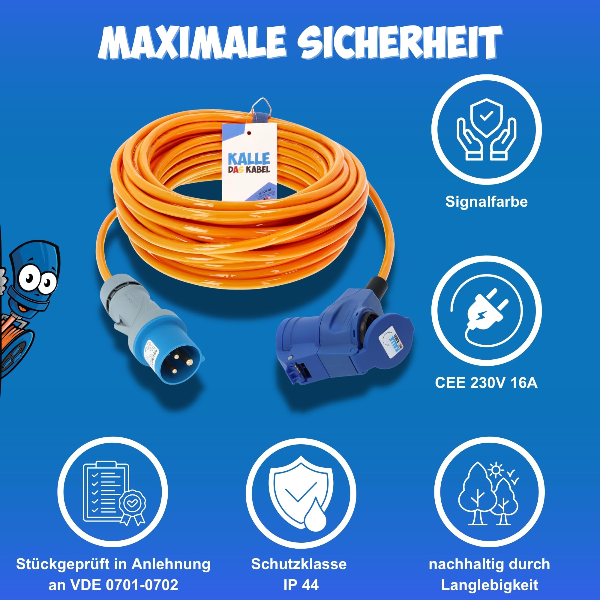 KALLE DAS KABEL Cavo di prolunga CEE 230 V 16 A – H07BQ-F 3G 2,5 mm², spina CEE su attacco angolare CEE con presa Schuko e indicatore di tensione LED, IP44, segnale arancione, campeggio, caravan, 5