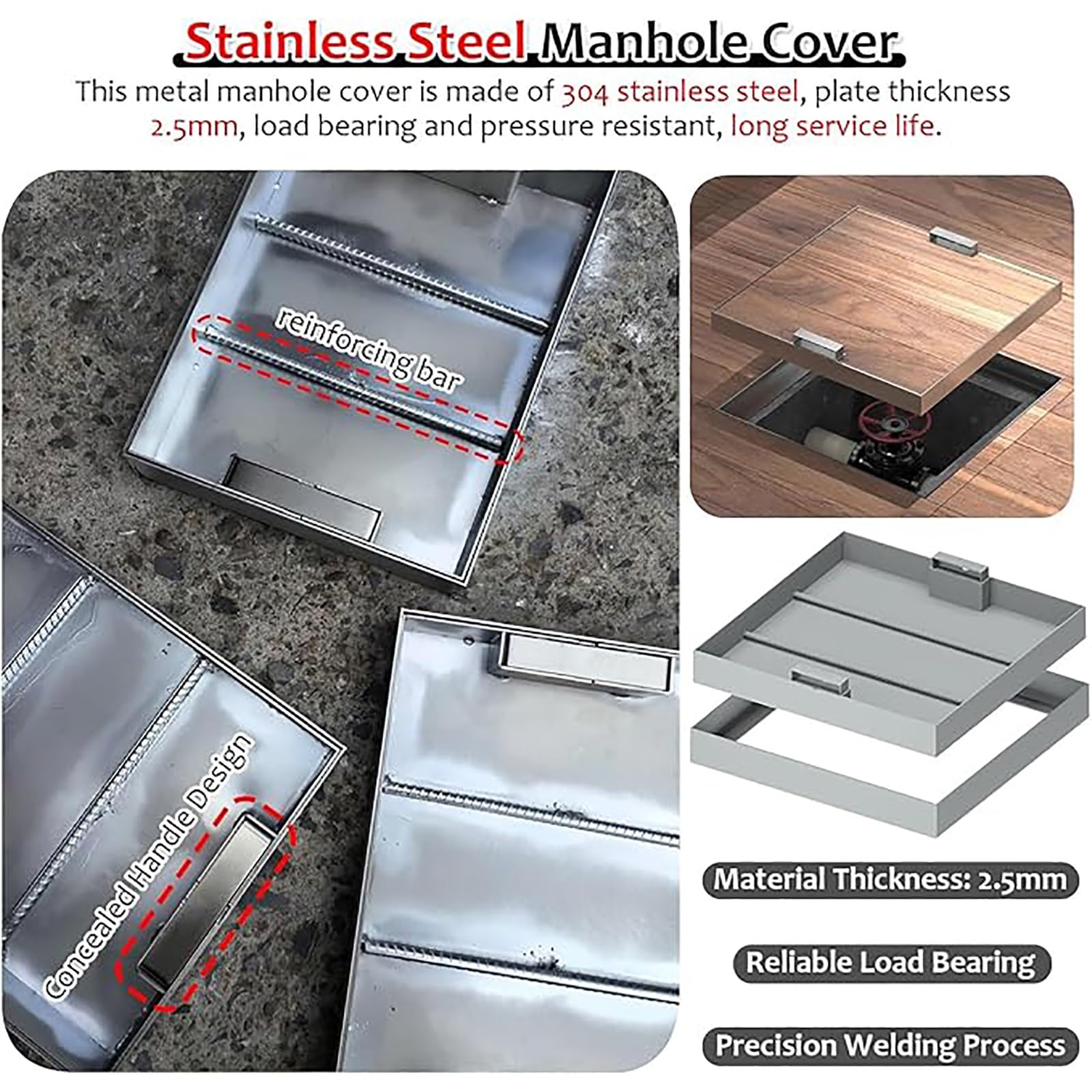 Coperchio di ispezione in Metallo Resistente, Coperchio per pozzetto Incassato con Base, Coperchio Quadrato per fognatura per Interni ed Esterni, Ideale per scuole, Hotel e fabbriche.