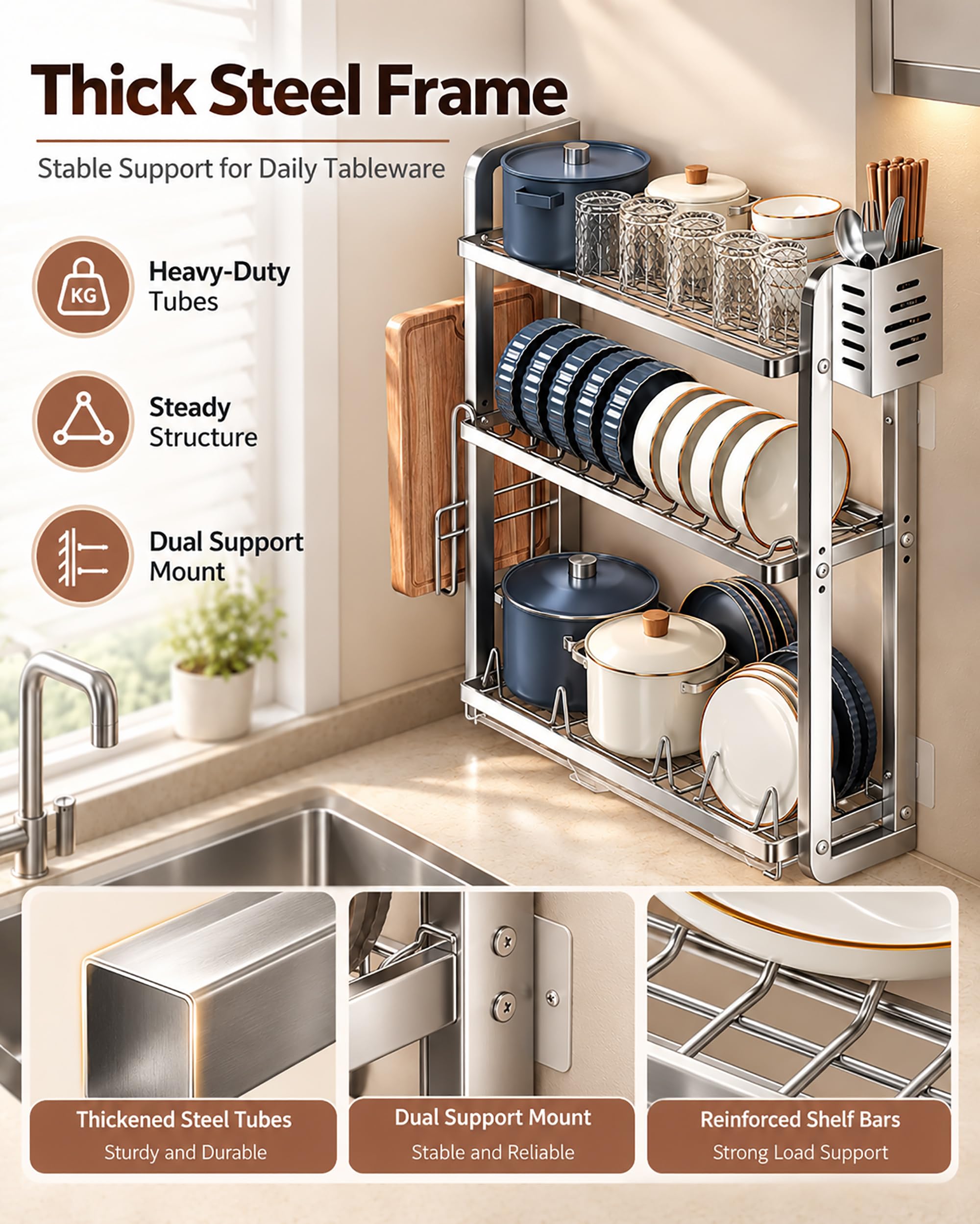Escurridor de Platos de Pared en Acero Inoxidable - Estante Escurreplatos Estrecho 9.9cm de 3 Niveles Sin Taladrar, Bandeja Goteo y Soporte Tabla para Cocina