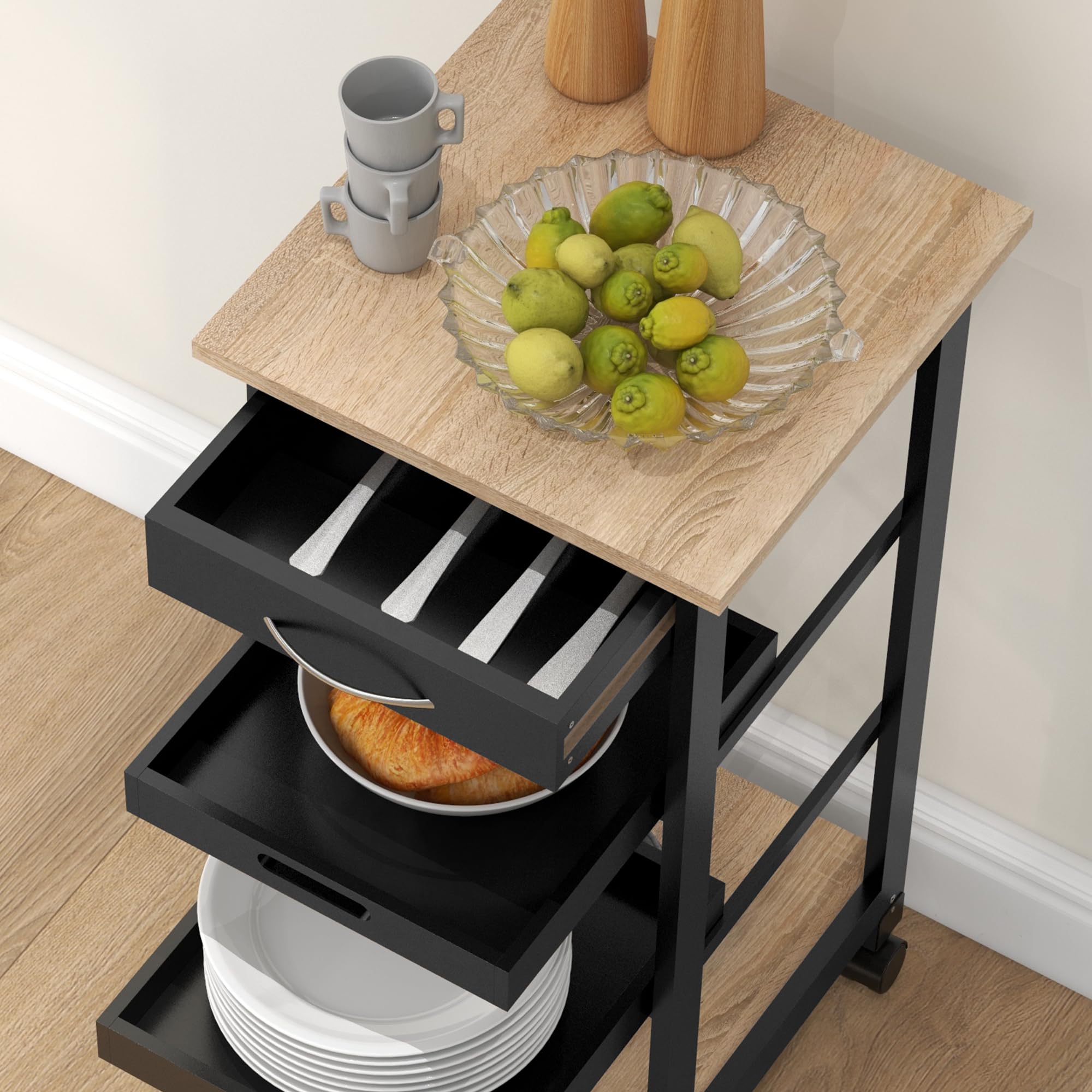 HOMCOM Carro de servicio de cocina con ruedas 2 bandejas extraíbles cajón, estante roble claro madera pino negro | Postre de cocina, 2 bandejas extraíbles, madera de pino