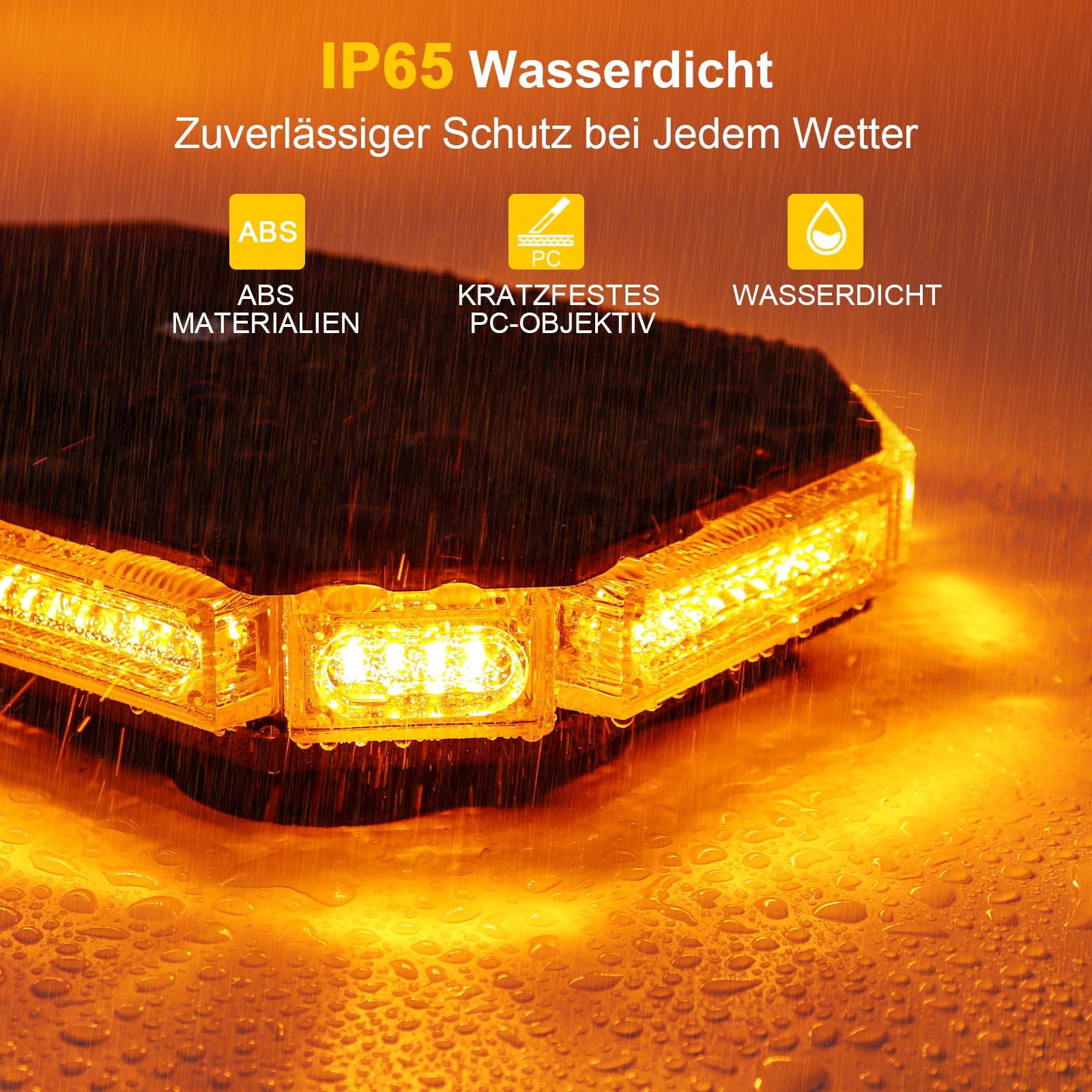 LED Rundumkennleuchte Gelb mit Magnetfuß, 12V 24V Auto Signalleuchte | IP65 Wasserdicht, 20 Blitzmodi, 4,8m Kabel mit Stecker, Für Baufahrzeuge & Traktoren