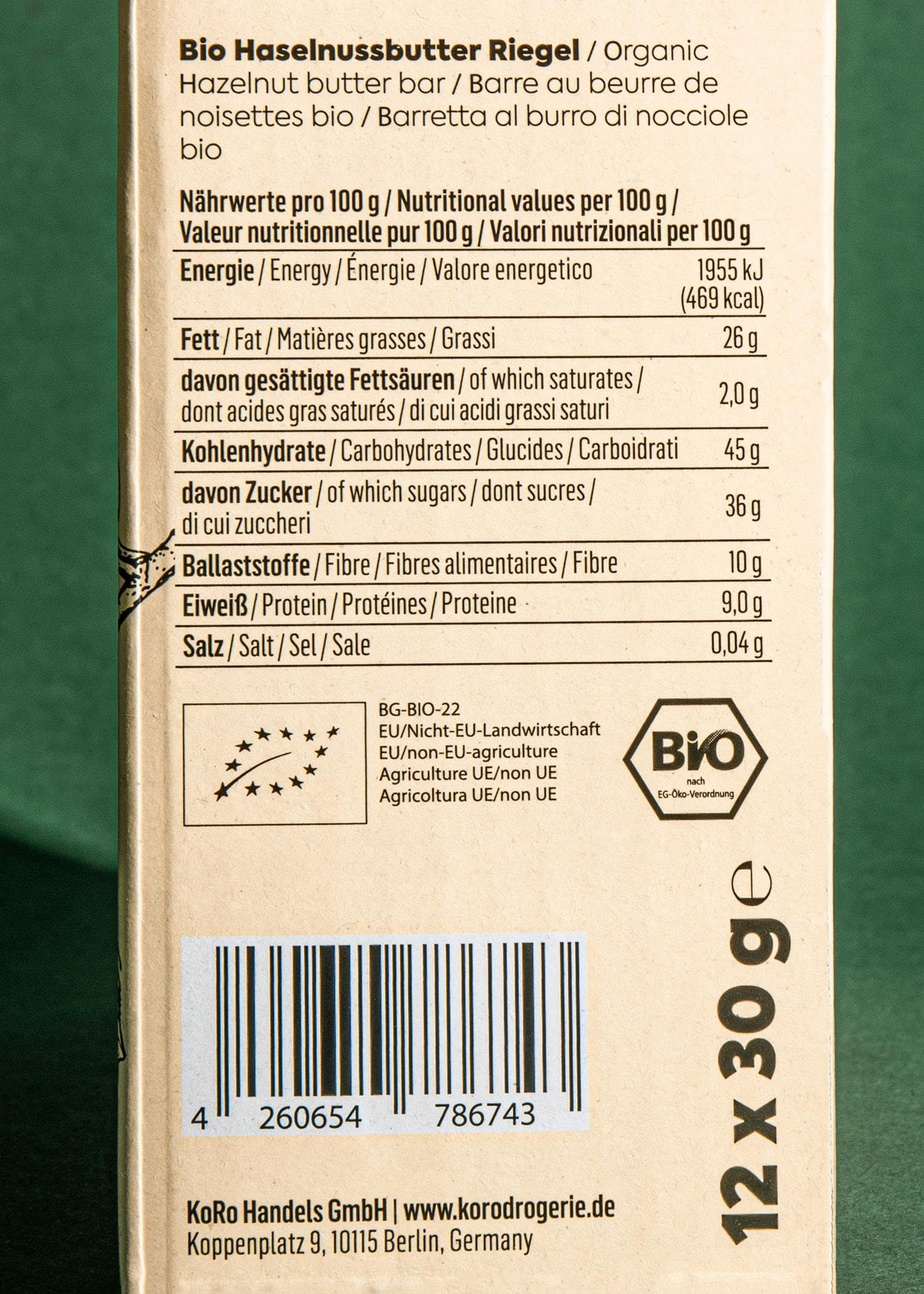 KoRo - Barretta bio alla crema di nocciole - Da portare con te - Con burro di nocciole cremoso - Da agricoltura biologica certificata