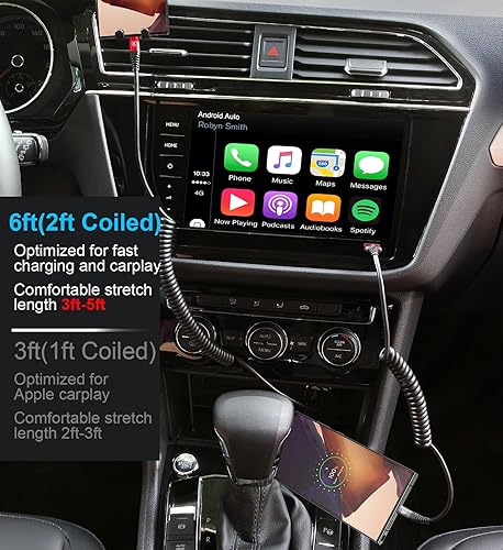 Miniatura 7 de Cable USB a USB C de carga rápida de 3 pies, paquete de 2 cables de carga USB C en espiral para automóvil, cable de carga USB tipo C automático Rojo