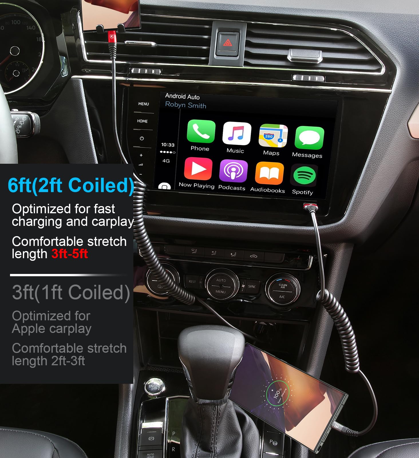 Cavo a spirale da USB A a USB C per auto da 1,8 m, confezione da 2 cavi di ricarica USB C, cavo di ricarica rapida tipo C, cavo USB-C compatibile con iPhone 15/15 Plus/15 Pro/15 Pro Max/Samsung Galaxy