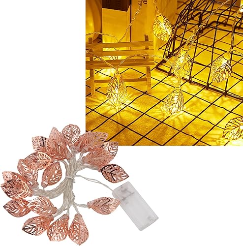Miniatura 5 de Guirnalda de luces de hojas, 20 luces LED en total, color oro rosa para interiores y exteriores, funciona con pilas, cadena de luces de hojas para
