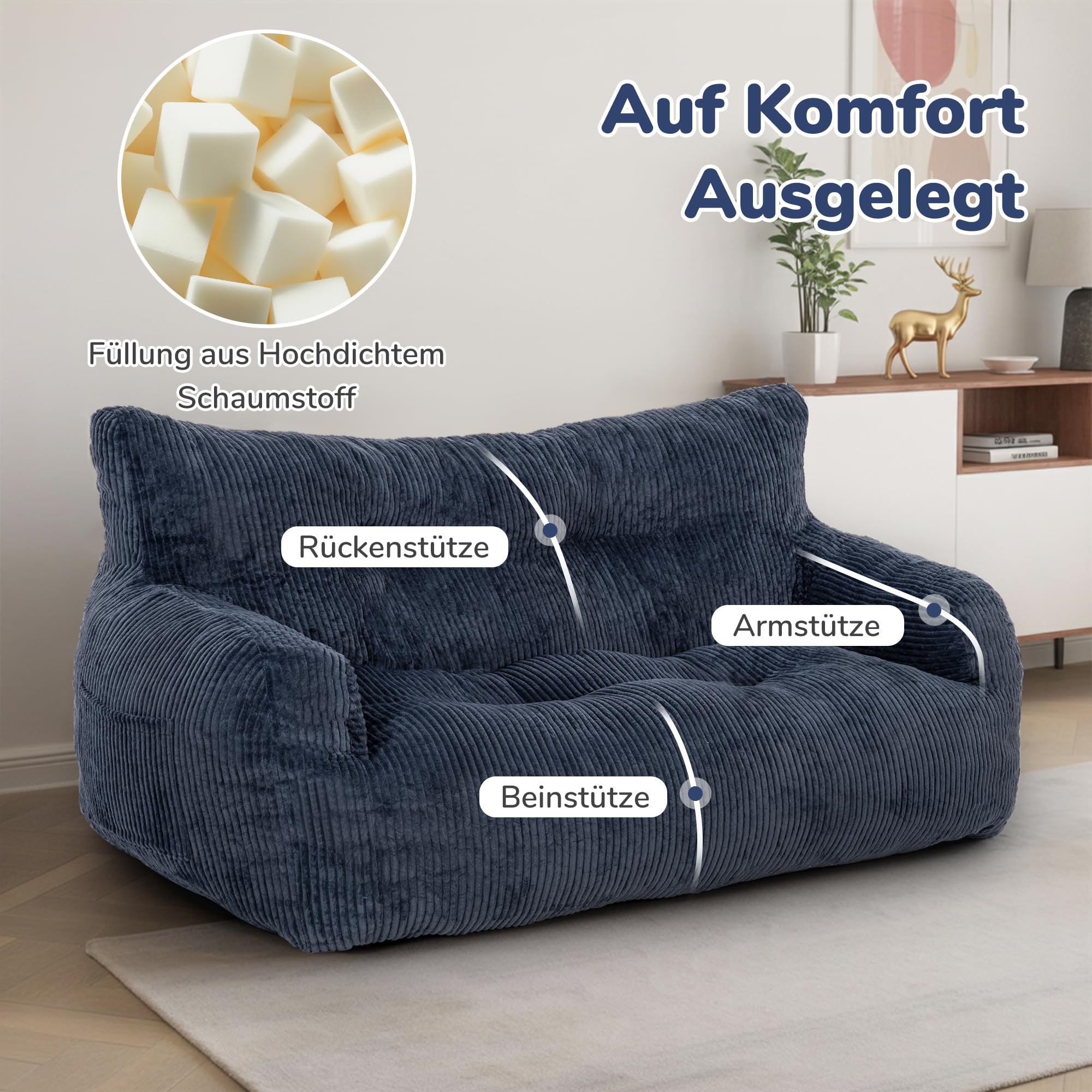 Pamapic Sitzsack für Erwachsene, Doppeltes Sitzsack mit Füllung, Sitzsack Sessel mit Tragbarem Griff & Seitentaschen, Lounge Sessel für Wohnzimmer, Schlafzimmer, Spielzimmer, 80 x 150 x 65 cm, Blau