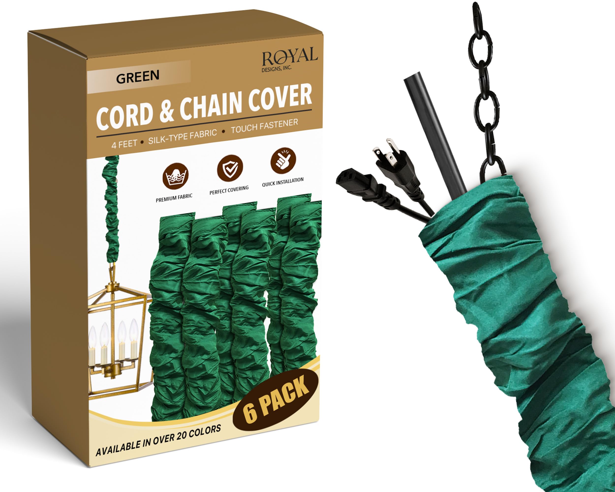 Royal Designs, Inc. Cord &amp; Chain Cover 4 ft Silk Type Fabric, Chandelier Pendant Lighting Chain &amp; Cable Management, Touch Fastener, Green - 6 Pack