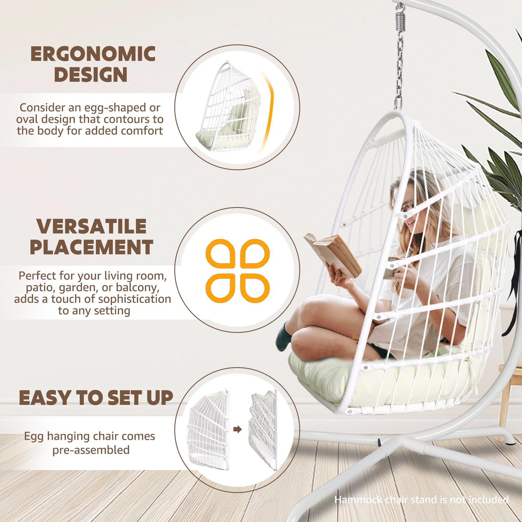 Sedia a Dondolo Pieghevole in Rattan per Interni ed Esterni - Vimini con Kit Appeso in Acciaio Inossidabile, Cuscino Resistente ai Raggi UV - Camera da Letto