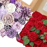 AmyHomie Purple Artificial Flowers Combo and Red Rose 25pcs Real Looking Fake Roses w/Stem for DIY Wedding Bouquets Centerpieces Arrangements Party Baby Shower Home Decorations