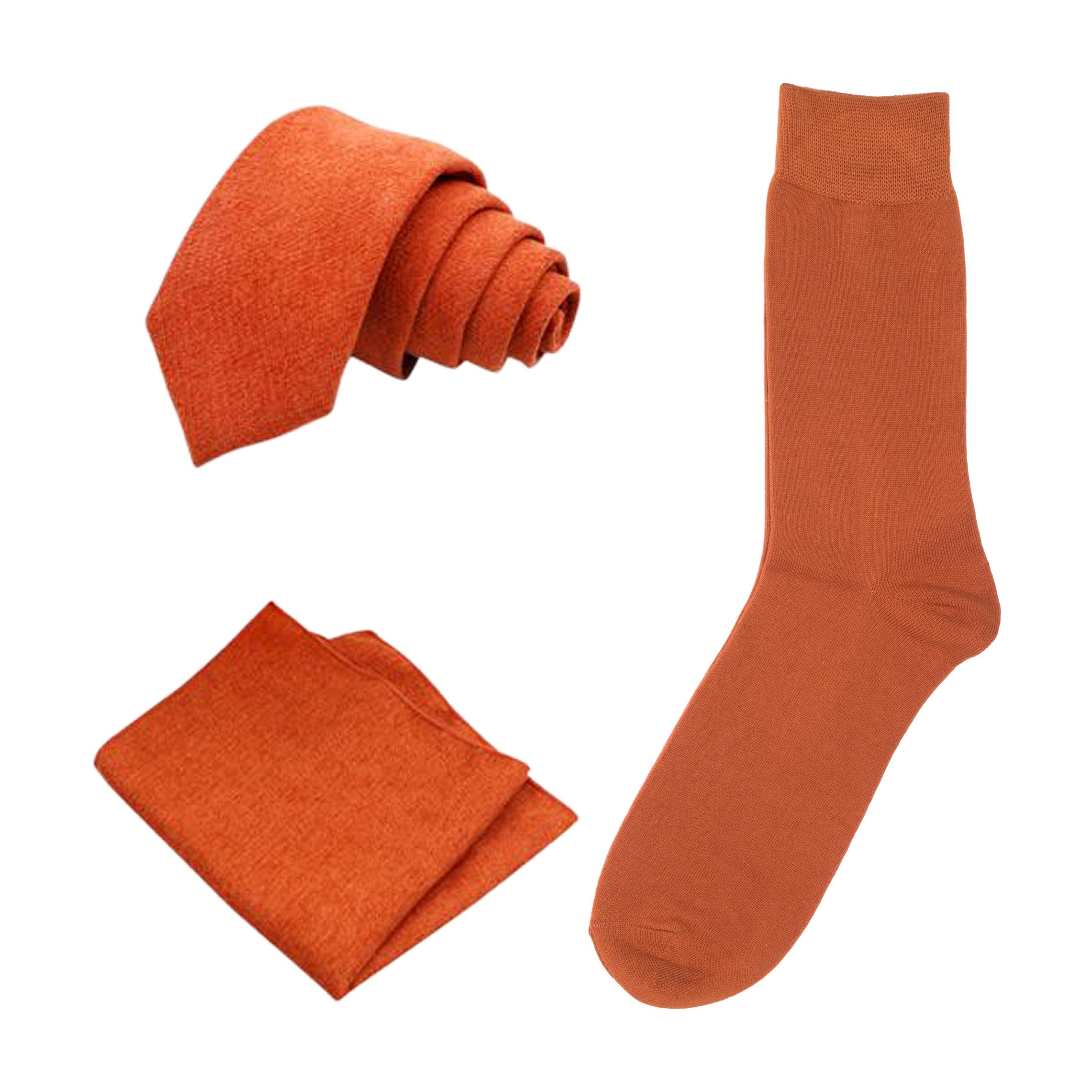 Db Dickie Bow Men's Burnt Orange Luxury Cotton Blend Tie, Pocket Square And Sock Set (Burnt Orange) - Suitable For Formalwear, Office, Weddings, Parties, Grooms & Grooms Outfits