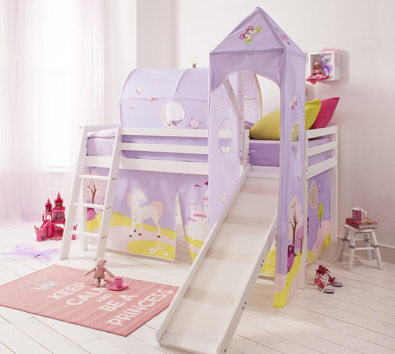 Oskar Midsleeper Junior 26 Shorty Cabin Bed with Slide and Pink Tent