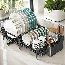 DF Escorredor de Louça Expansível (35-55 cm) para Bancada de Cozinha, Escorredor de Pratos com Suporte para Copos e Bandeja Coletora, Alta Capacidade, Preto