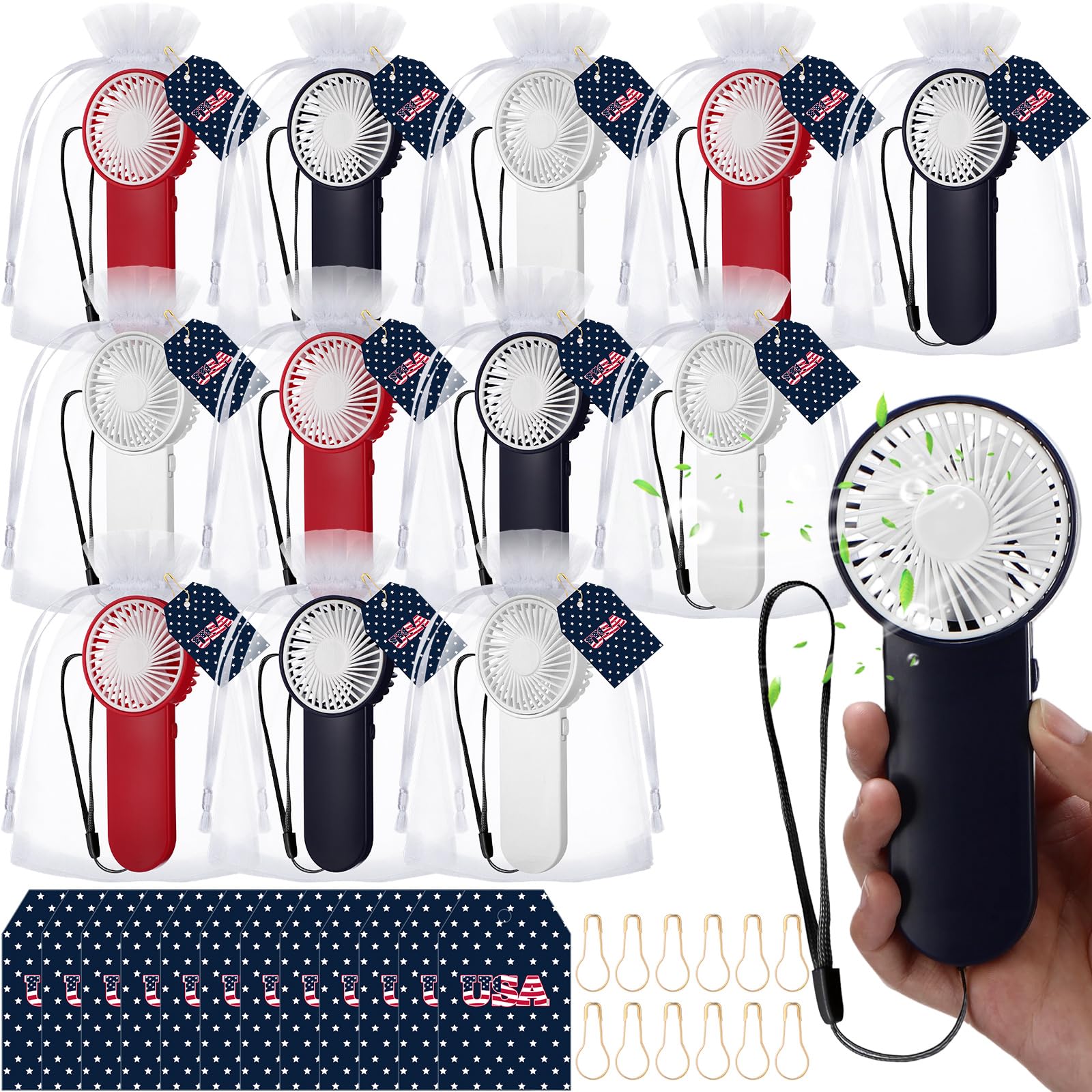 Sumind 12 Sets Mini-Ventilatoren, tragbar, batteriebetrieben, 12 Dankeskarten mit Nadel, 12 Organza-Beutel für Unabhängigkeitstag, Parade, Veteranen, patriotische Party, Team-Geschenke