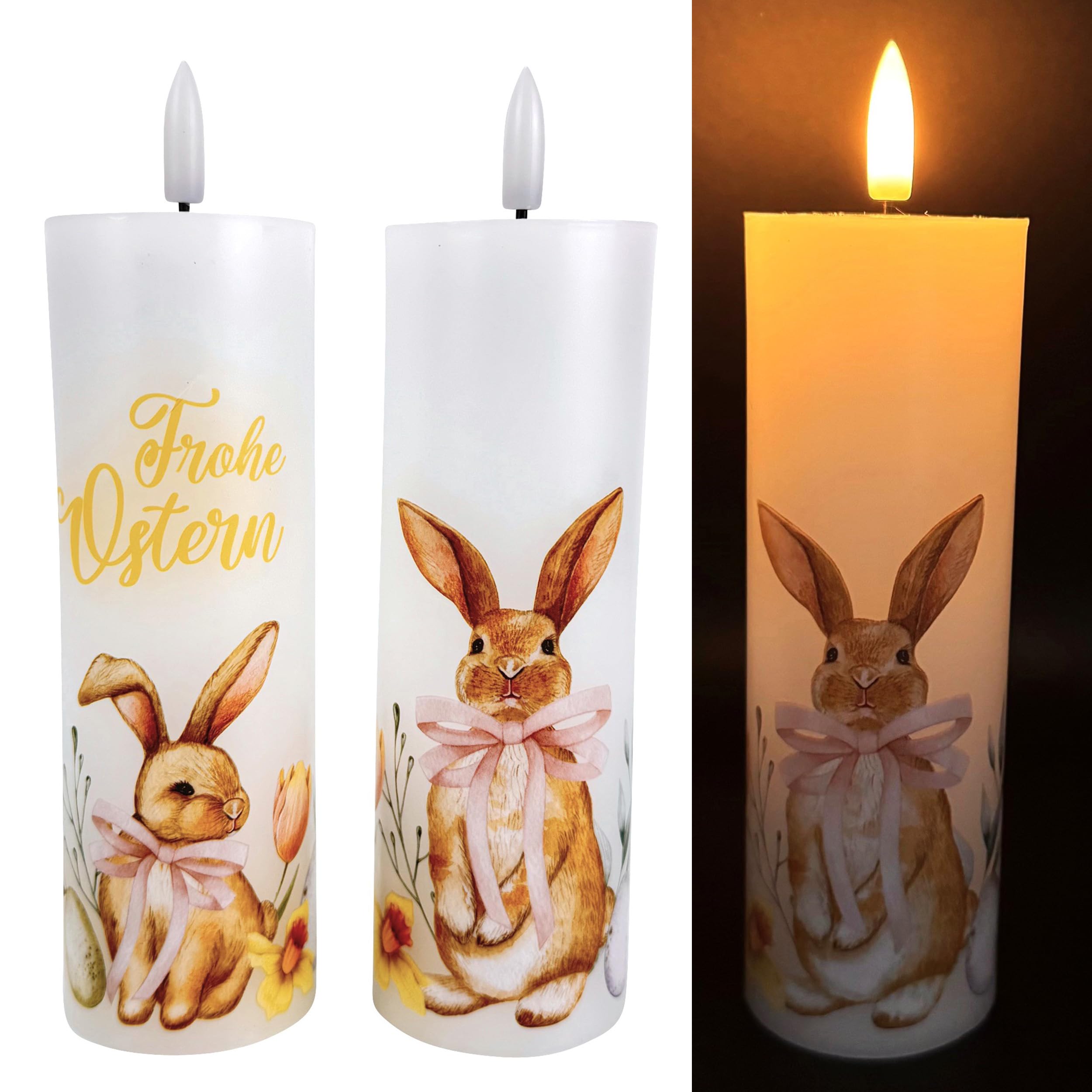 Online Fuchs 2 LED-Kerzen mit realistischer Kerzenflamme, 6-Stunden Timerfunktion und Osterhasen Motiv - Osterdeko inklusive Deko Tablett Beigabe