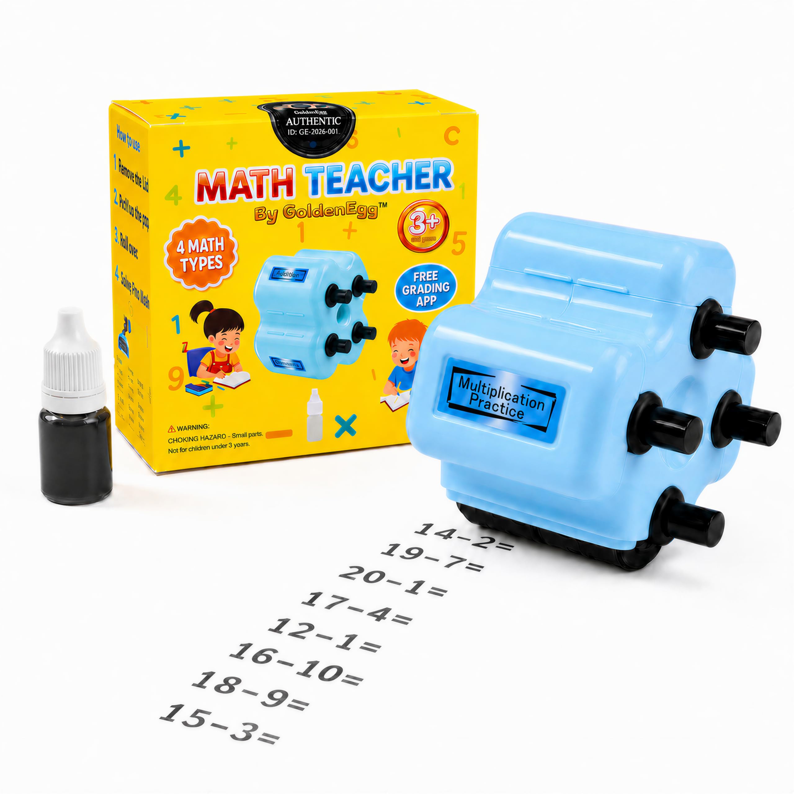 GoldenEgg Math Teacher 4-in-1 Math Roller Stamp, Addition, Subtraction, Multiplication & Fill-in-The-Blank Practice Tool for Kids, Classroom & Home Use (Blue)-image-29