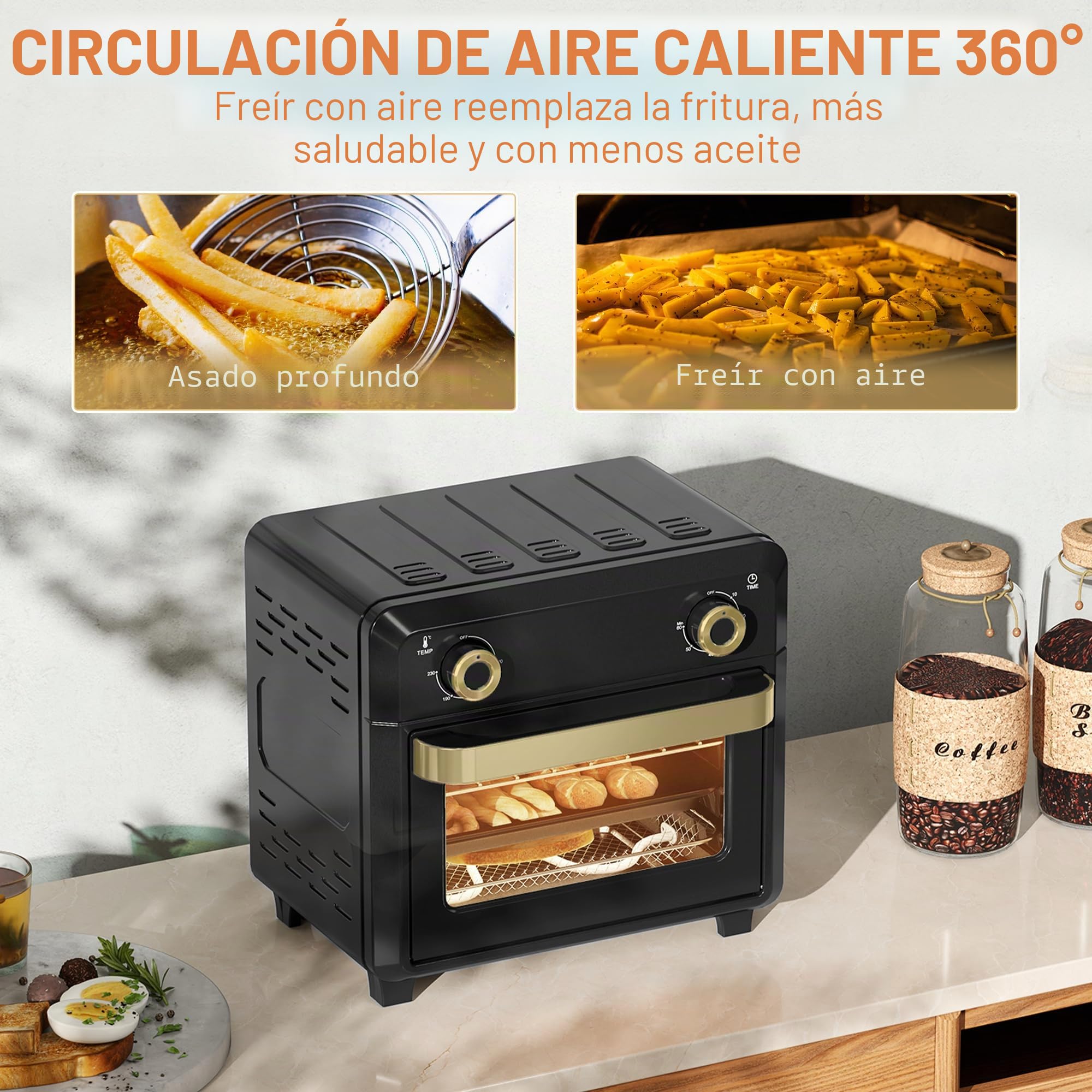 HOMCOM Mini horno con convección, freidora de aire caliente de 10L, Horno pequeño con temporizador de 60 minutos e iluminación interior, 80-230℃, 3 estantes, Accesorios aptos para lavavajillas,
