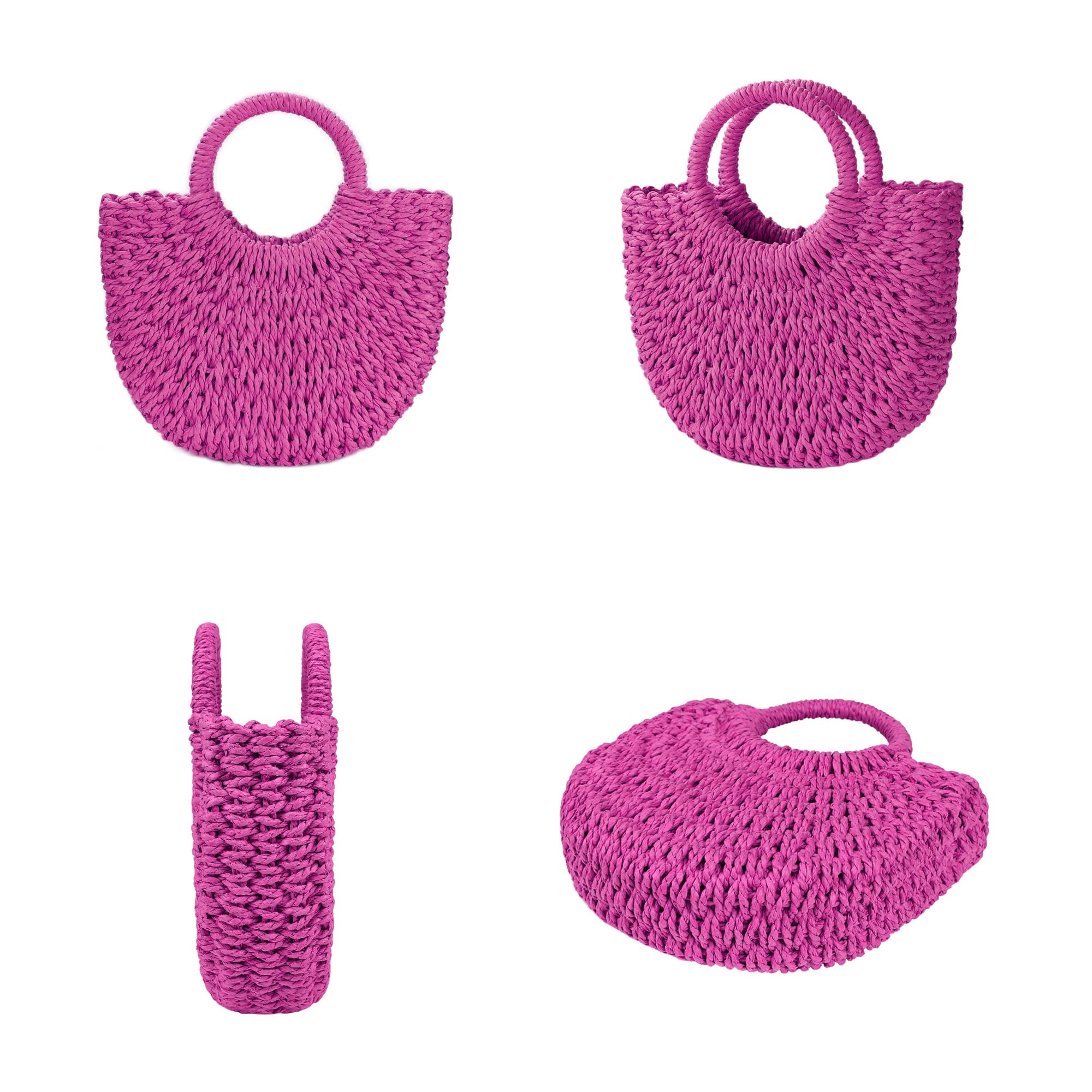 Sac de plage en paille tissée pour femme avec poignée sur le dessus, rose rouge