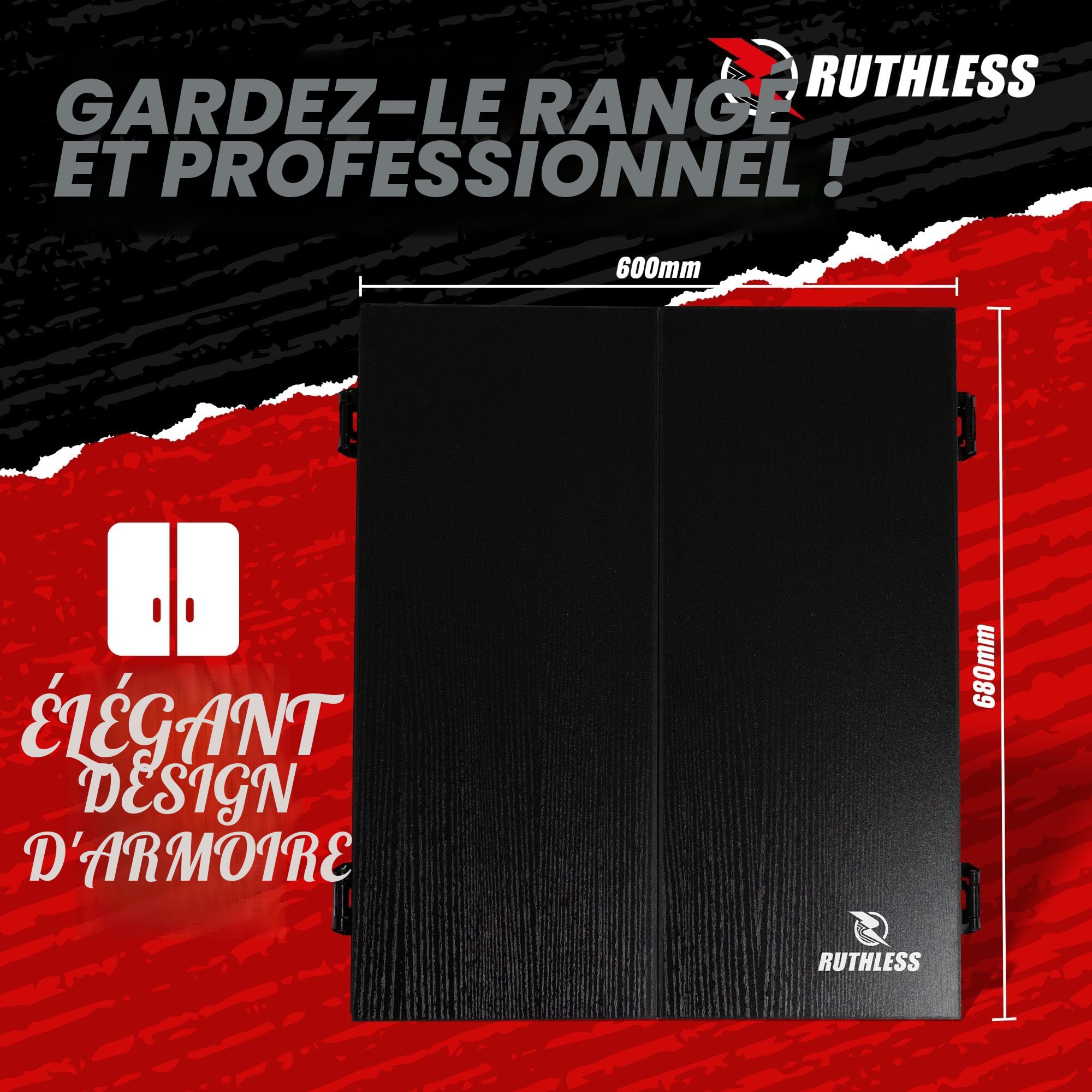 Ruthless - Ruthless R500 Tableau de fléchettes électronique dans le meuble – pointe souple – 4 sets de fléchettes inclus – 8 joueurs – 27 jeux