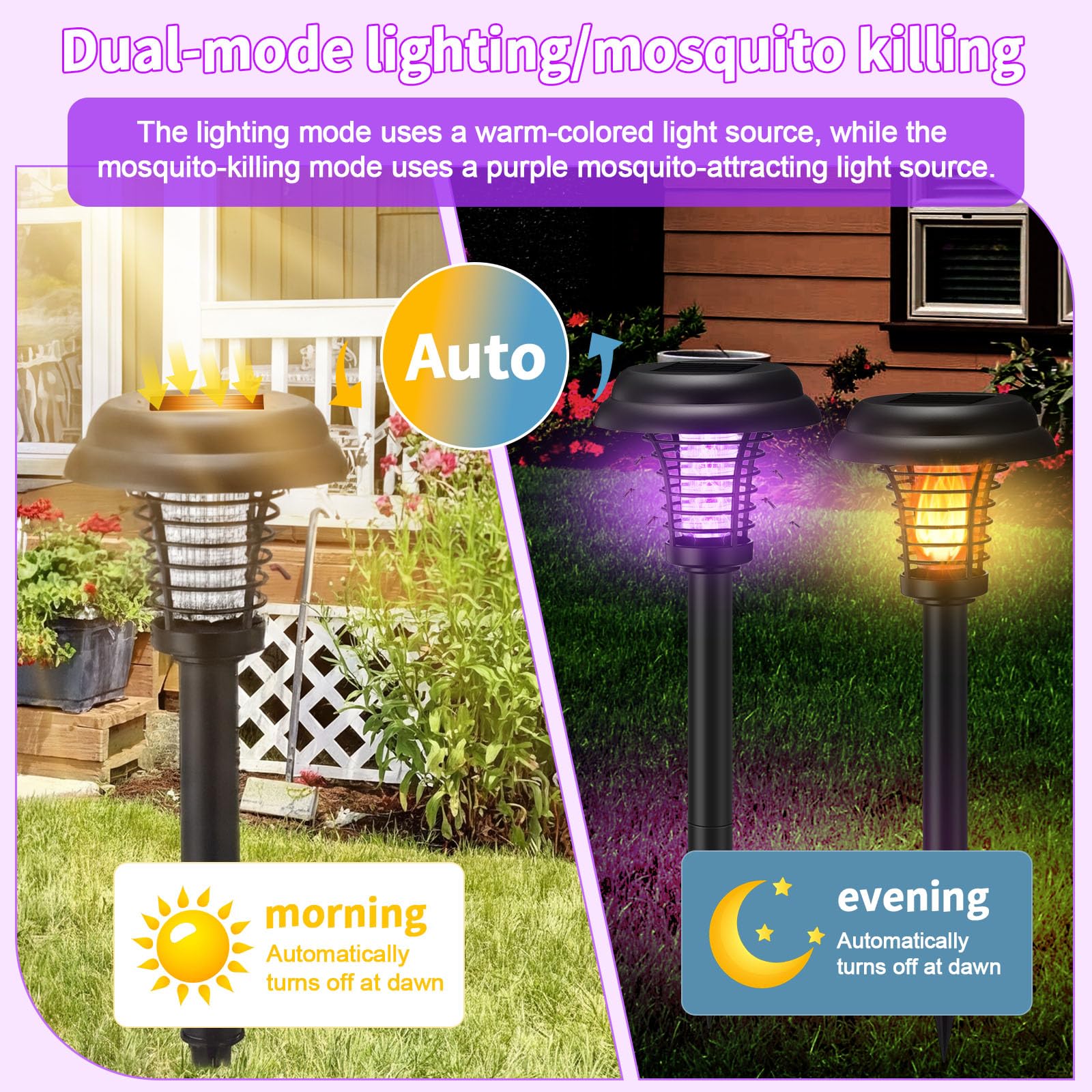 4 lampade a energia solare anti-insetti per esterni, impermeabili, repellenti per zanzare, luce solare per tarme, mosche, piccoli insetti volanti, cortile, giardino, prato (plastica, viola e luce