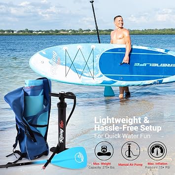 SereneLife Stand Up Inflatable Paddle Board with Premium SUP Accessories Wide Stable Design with Non-Slip EVA Deck Pad for Adults and Youth of All Skill Levels