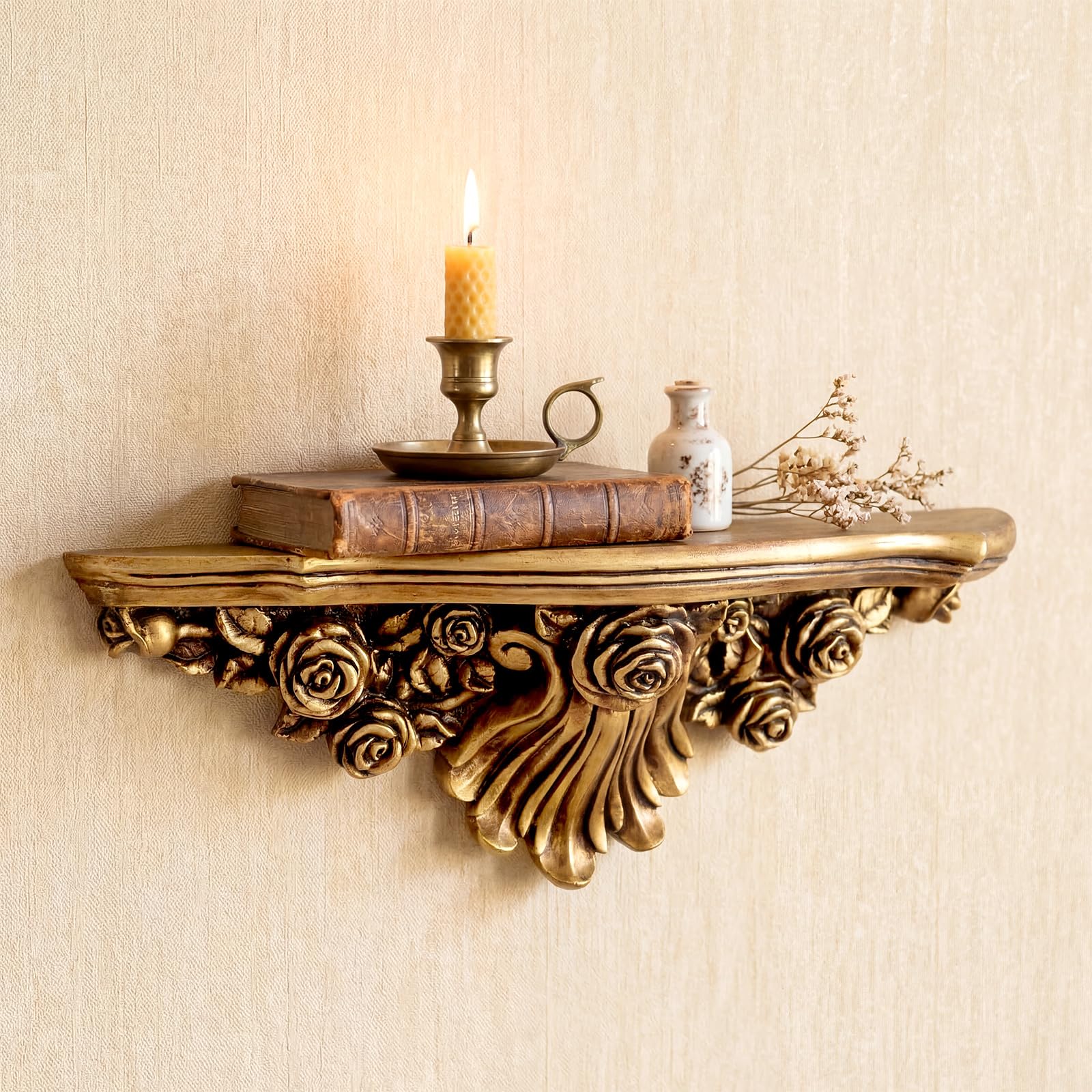 Photo 1 of Pinkunn 17" Vintage Antique Gold Floating Wall Shelf, Large Fleur De Lis Victorian Baroque Decorative Ledge, Gothic Wall Decor for Living Room, Bedroom & Entryway, French Country Resin Shelves