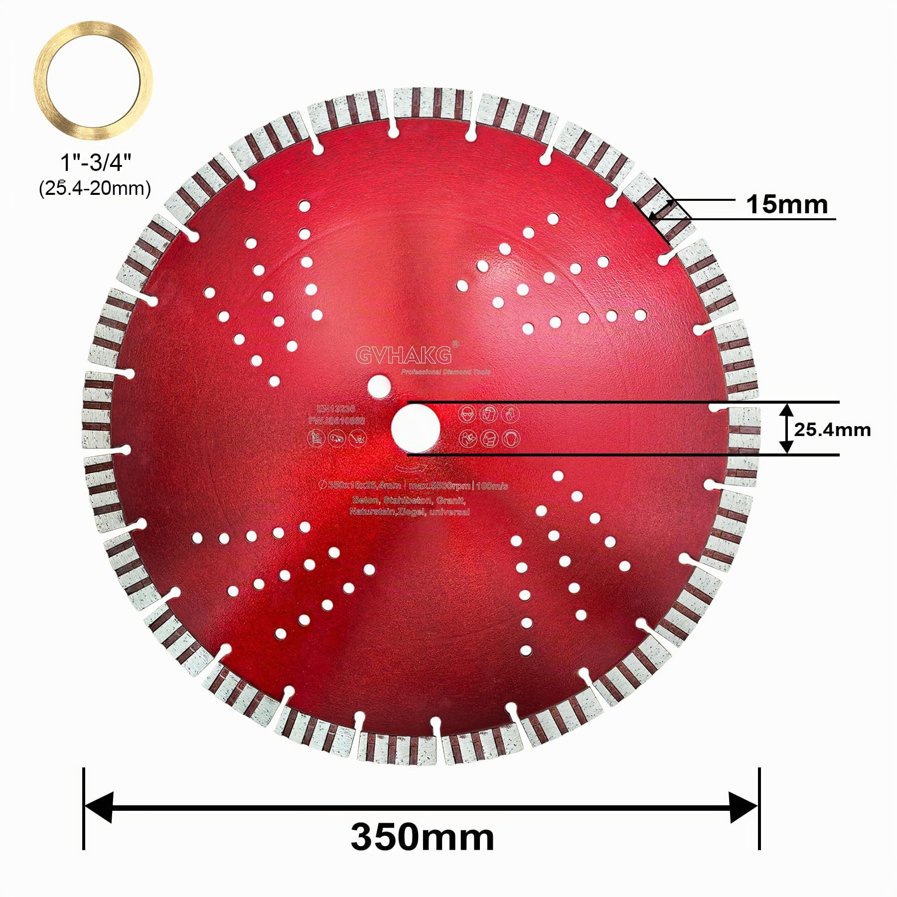 Disque à tronçonner diamanté turbo 350 mm pour béton, béton armé, pierre avec segment de 15 mm (350 x 25,4 mm)