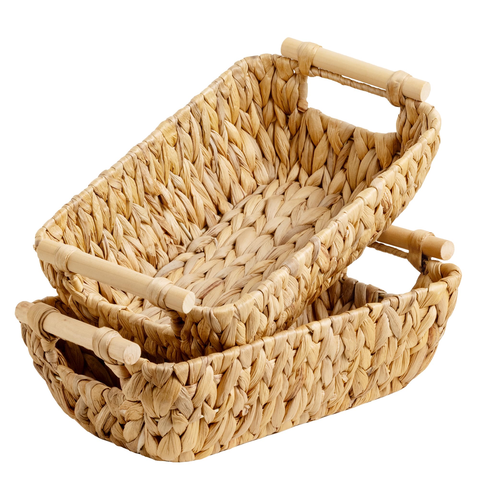 StorageWorks Small Wicker Baskets, Narrow Storage Baskets for Shelves, Shelf Wicker Storage Boxes for Bathroom Organising, Water Hyacinth Storage Baskets with Wooden Handles, 2-Pack