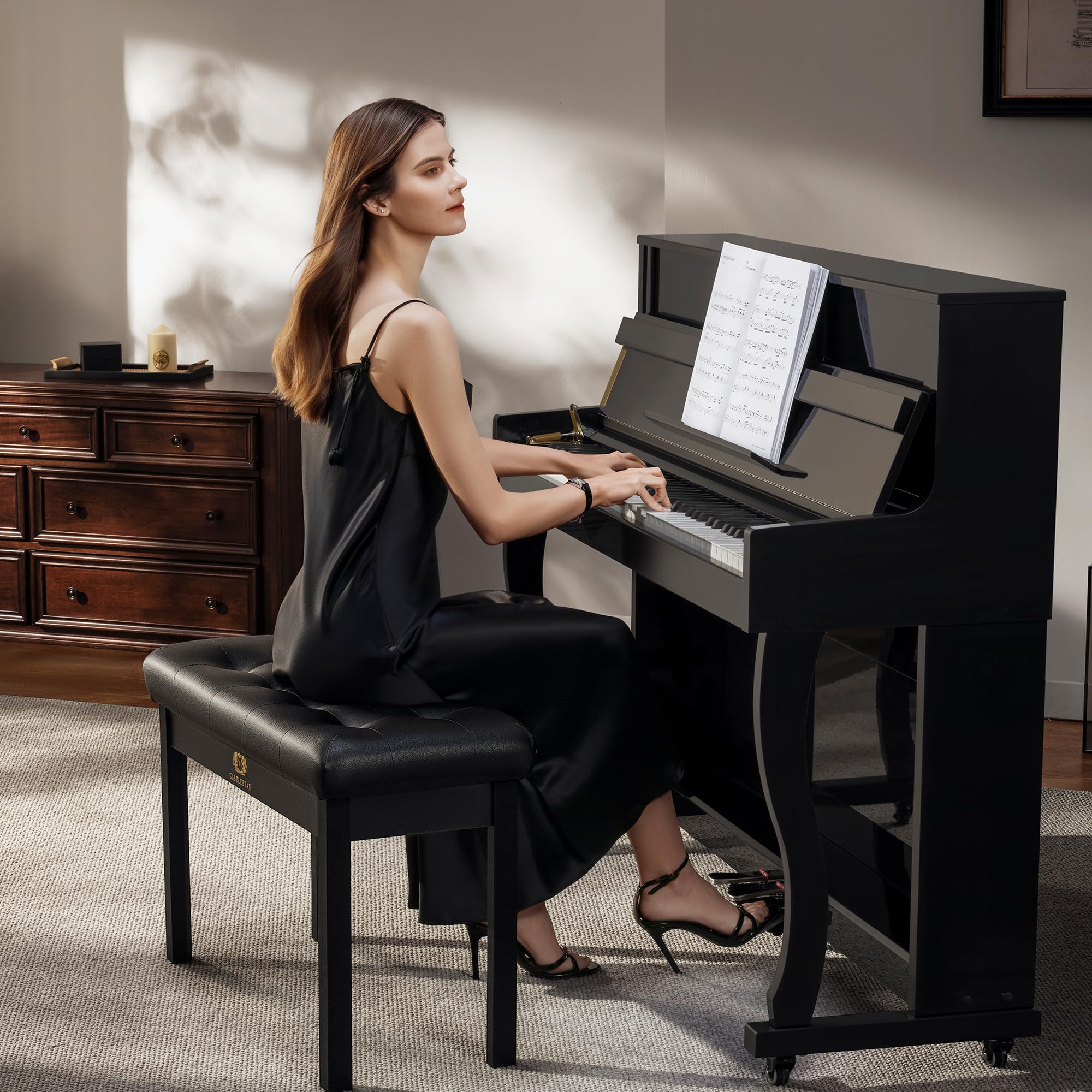 premium duet piano bench with storage - 3 inches plush pu leather seat, solid wooden legs, comfortable piano seat for two - black