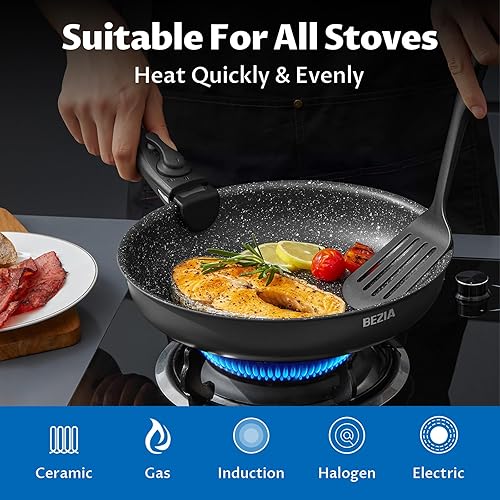 Miniatura 4 de BEZIA Juego de utensilios de cocina de inducción de 13 piezas, ollas y sartenes antiadherentes con asas extraíbles, para todas las encimeras, diseño