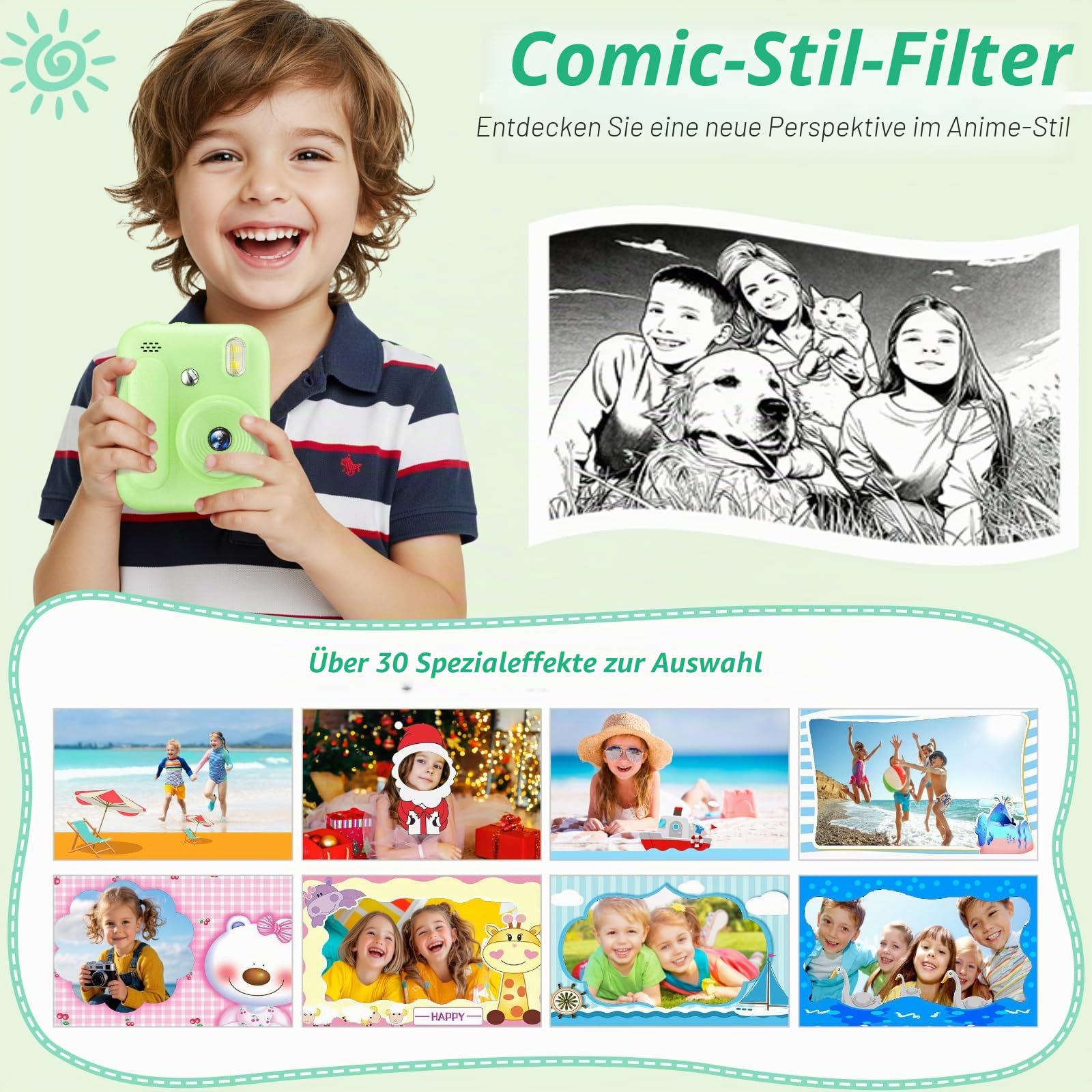 Sofortbildkamera für Kinder,1080P Kinderkamera mit 5 Rollen Druckpapier,32GB-Karte und Farbstiften,Tragbare Digitalkamera für Jungen und Mädchen,Geschenke für Kinder im Alter 3–14 Jahren (Grün)