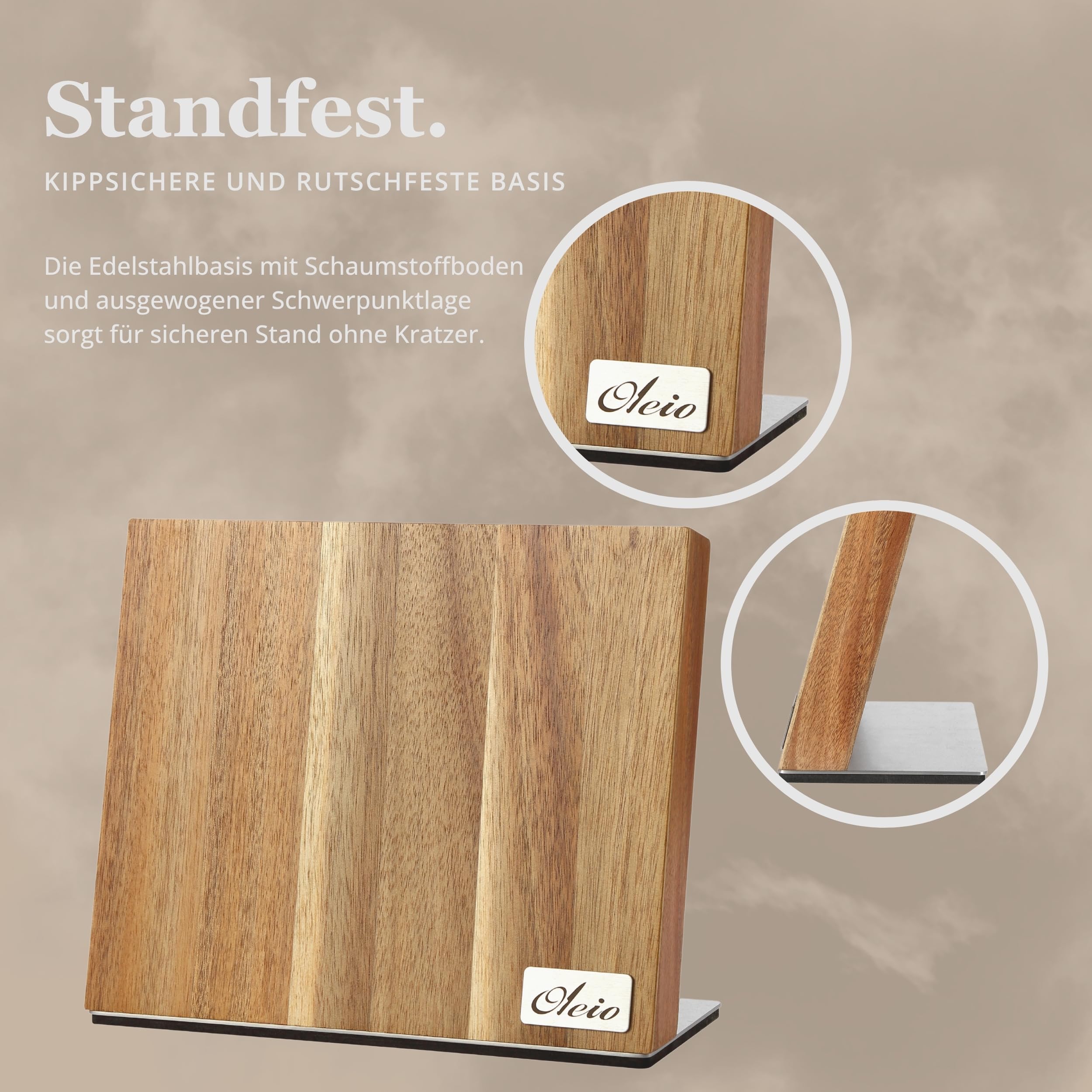 Oleio Magnetischer Messerblock - Küchen Organizer aus Akazienholz mit Magnetleiste für bis zu 6 Messer - Edelstahlsockel & rutschfester Unterlage - 3,8 cm stark Messerblock ohne Messer - Messerständer