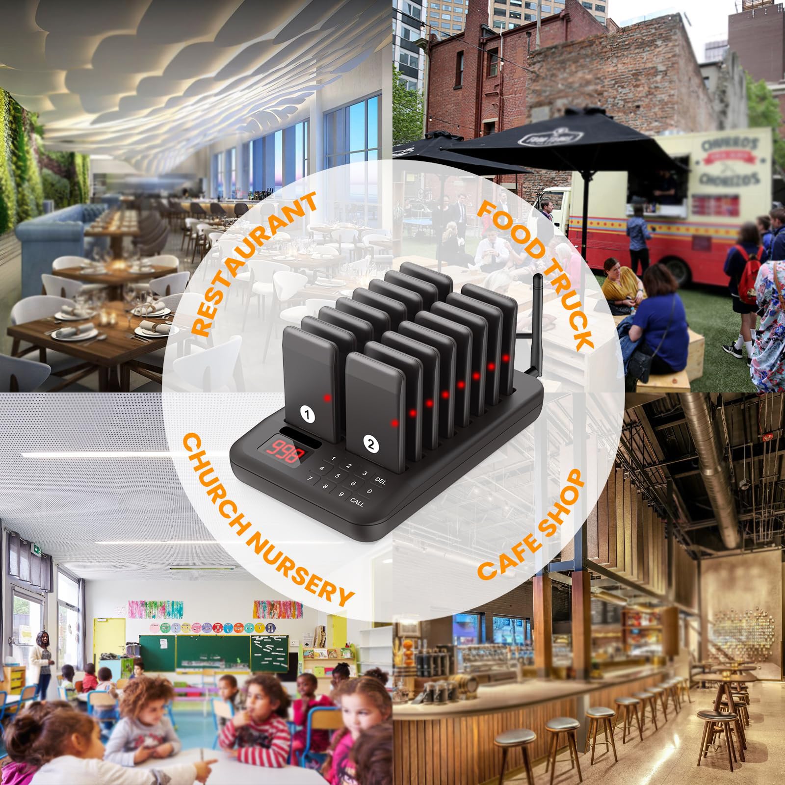 Sistema De Buscapersonas para Restaurante, Aviso De 3 Vías,16 Receptores/número De 3 Dígitos (998 Individuales),transmisión Inalámbrica/señal Fuerte (300-500 M),Espera Súper Larga,Black