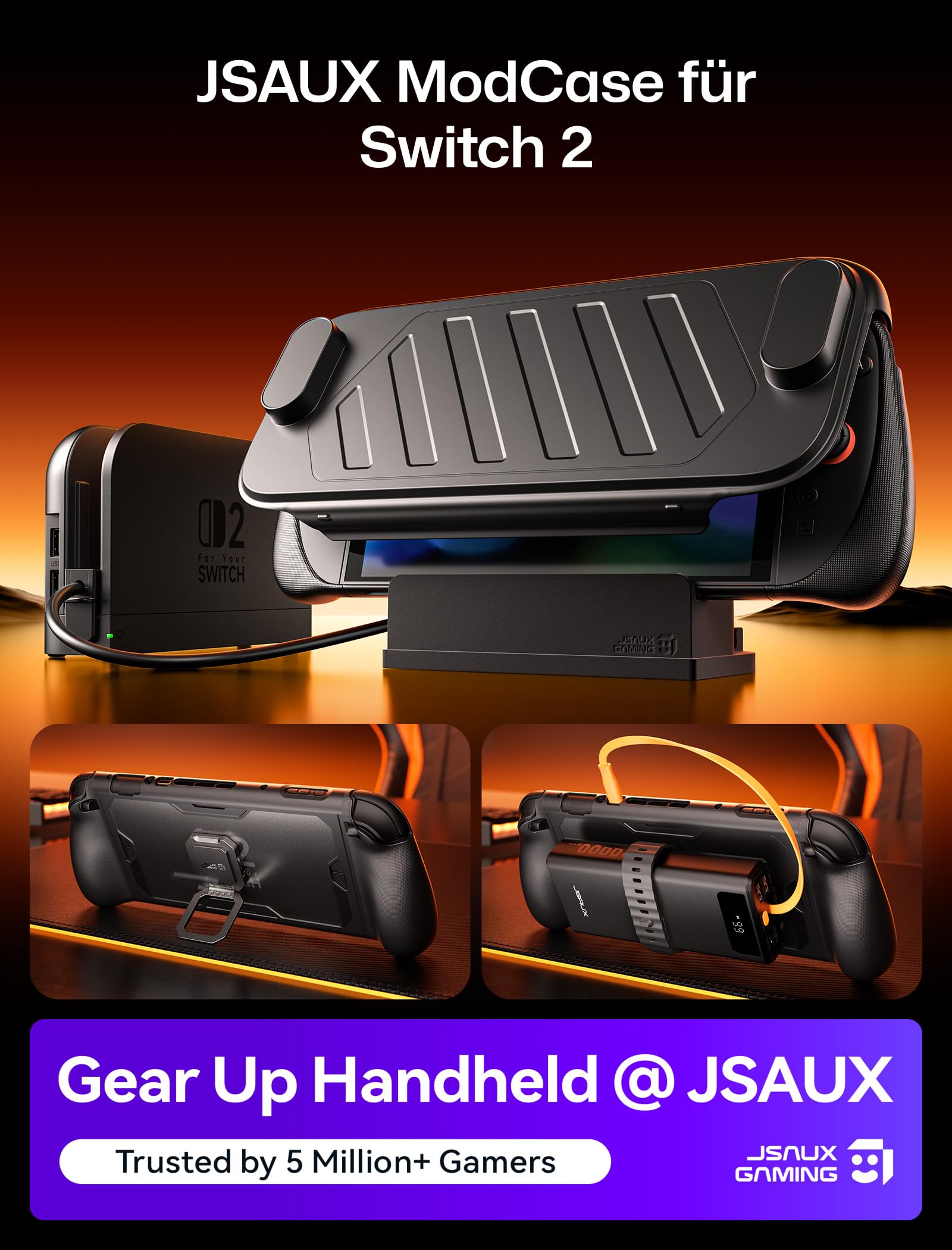 JSAUX PC0121 Etui ochronne do Switch 2, ochrona 360° ModCase z przednią pokrywą, metalową podstawką, silikonową opaską, uchwytem do stacji dokującej i kablem przedłużającym – zestaw dokujący