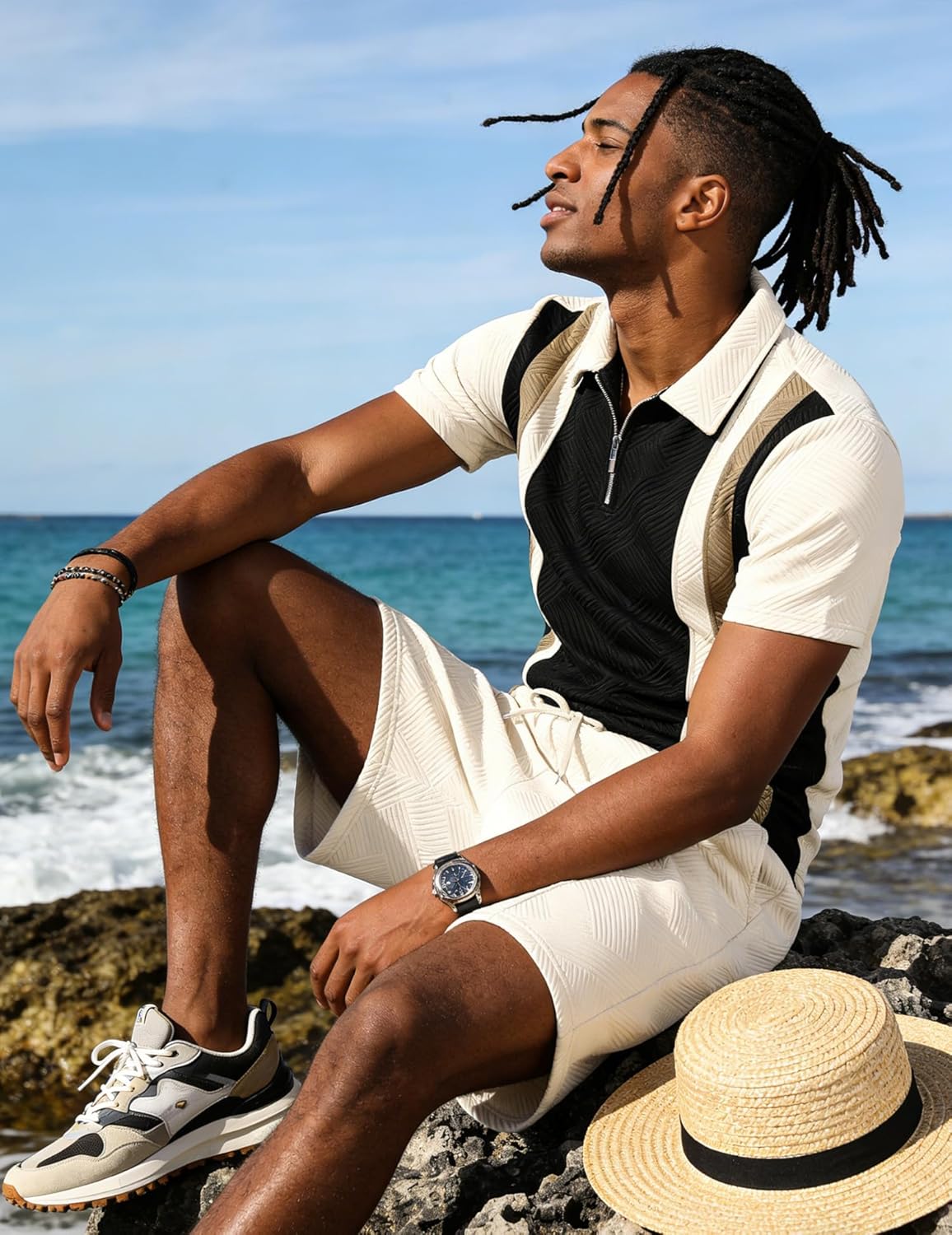 UOUA Mens Summer Track Suits 2 Piece Shorts Sets Short Sleeve Sweatsuit Outfits 1/4 Zip Golf Polo Splicing Striped Shirts
