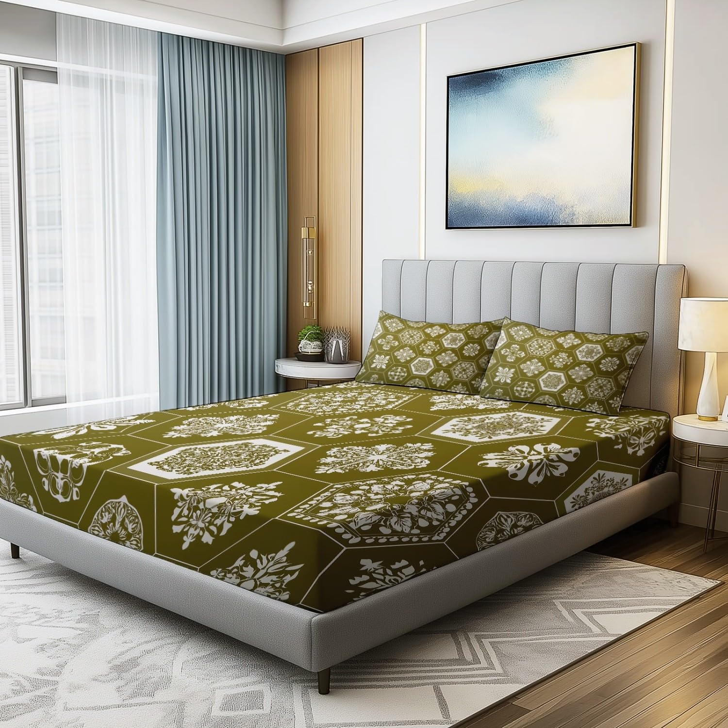 Drap Housse Doux Traditionnel Élégant Motif Damassé Thème, 140 x 190 cm Drap-Housse en Microfibre avec Coins Élastiqués - Respirant Draps-Housses pour Matelas de 30 cm Haut, Vert Olive
