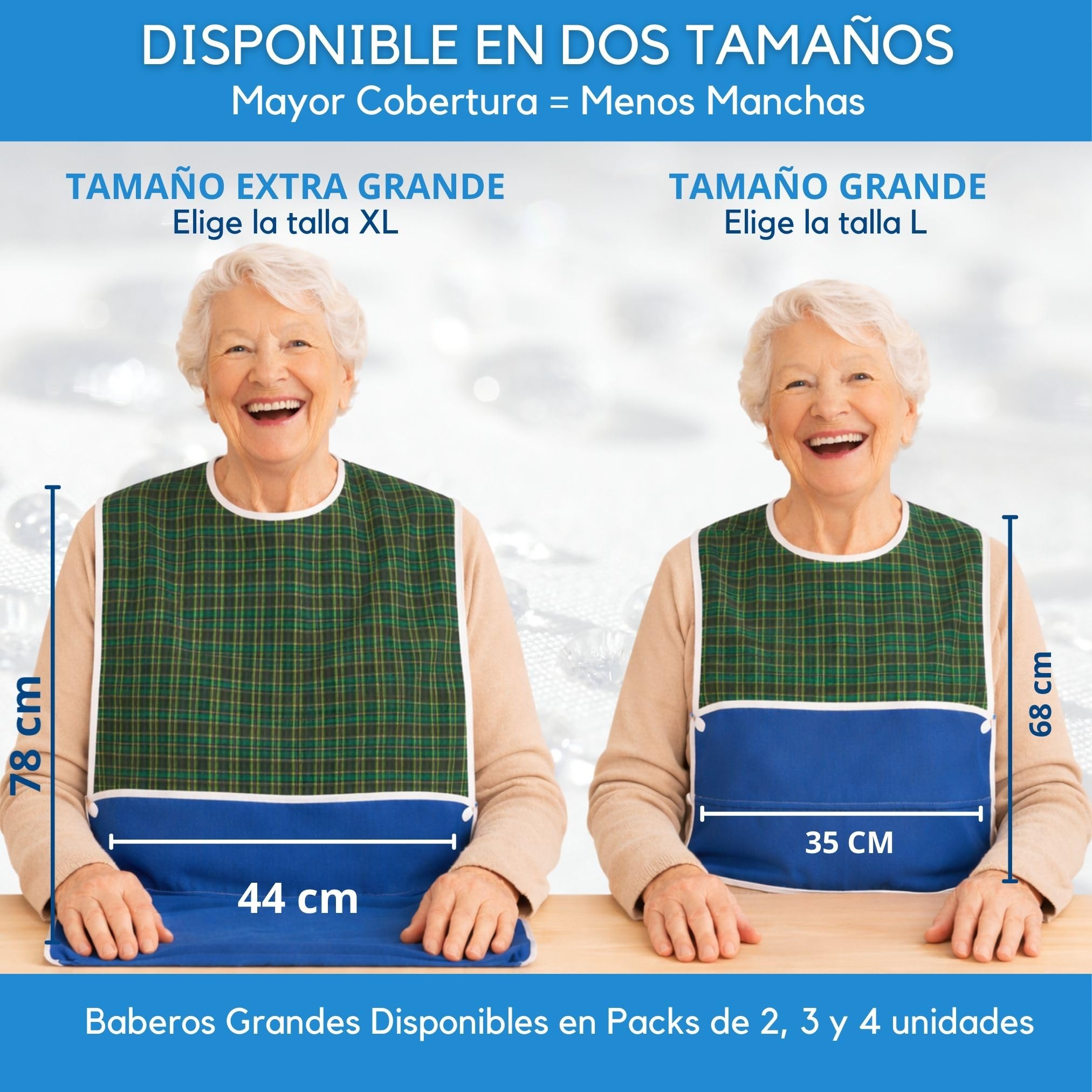 Pack Baberos Adultos Gran Tamaño| Babero Adulto Impermeable | Cierre Ajustable Con Corchetes | Con Recogemigas | Reutilizable y Lavable A Máquina | Cómodo Para Personas Mayores