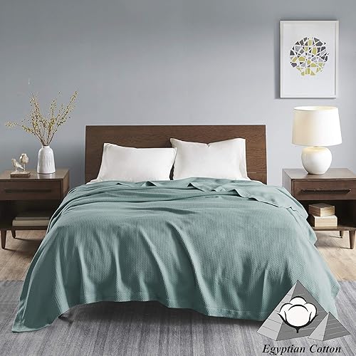 Miniatura 2 de Madison Park Manta suave 100% algodón egipcio, transpirable, acogedora, diseño clásico de punto gofre, lujosa funda ligera para todas las