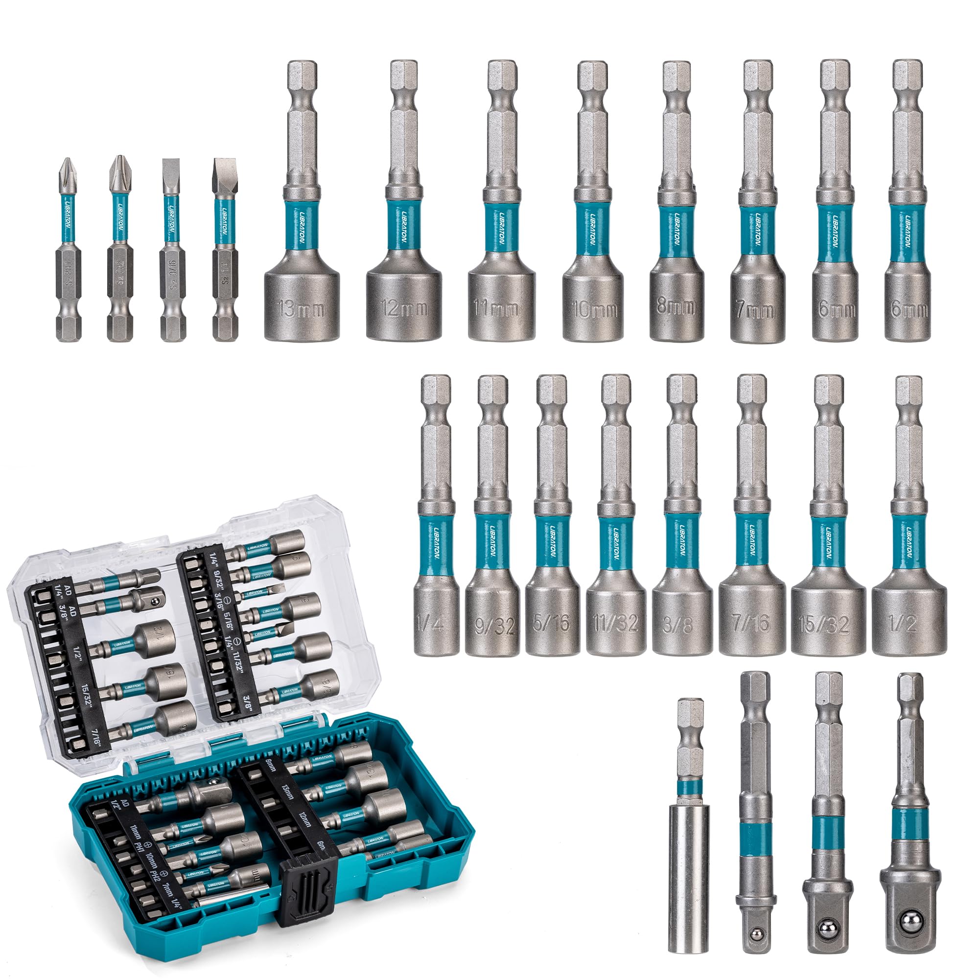 Libraton Silver 24Pcs Magnetic Nut Driver Set, Impact Drill Driver Bit Set 1/4", Metric And Sae Nut Drivers For Impact Drill, Impact Socket Adapters, Bit Holder, Screwdriver Bits, With Toolbox