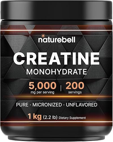 NatureBell Monohidrato de creatina en polvo de 0.04 oz, 5,000 mg por porción Micronizado, puro y sin sabor Apoyo muscular antes del entrenamiento
