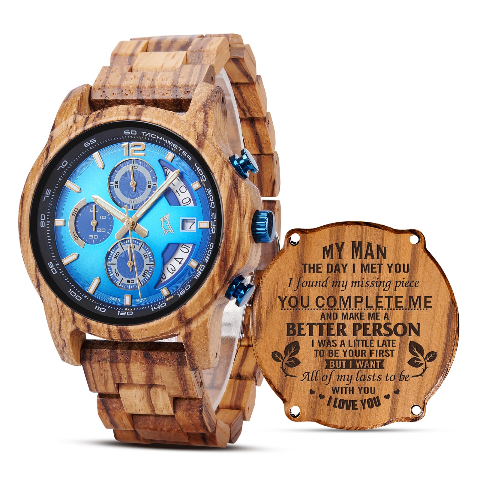 2win Reloj de madera grabado para hombre, esfera azul de cebra, reloj cronógrafo para marido, aniversario, cumpleaños, Navidad, día de San Valentín, regalo de esposa