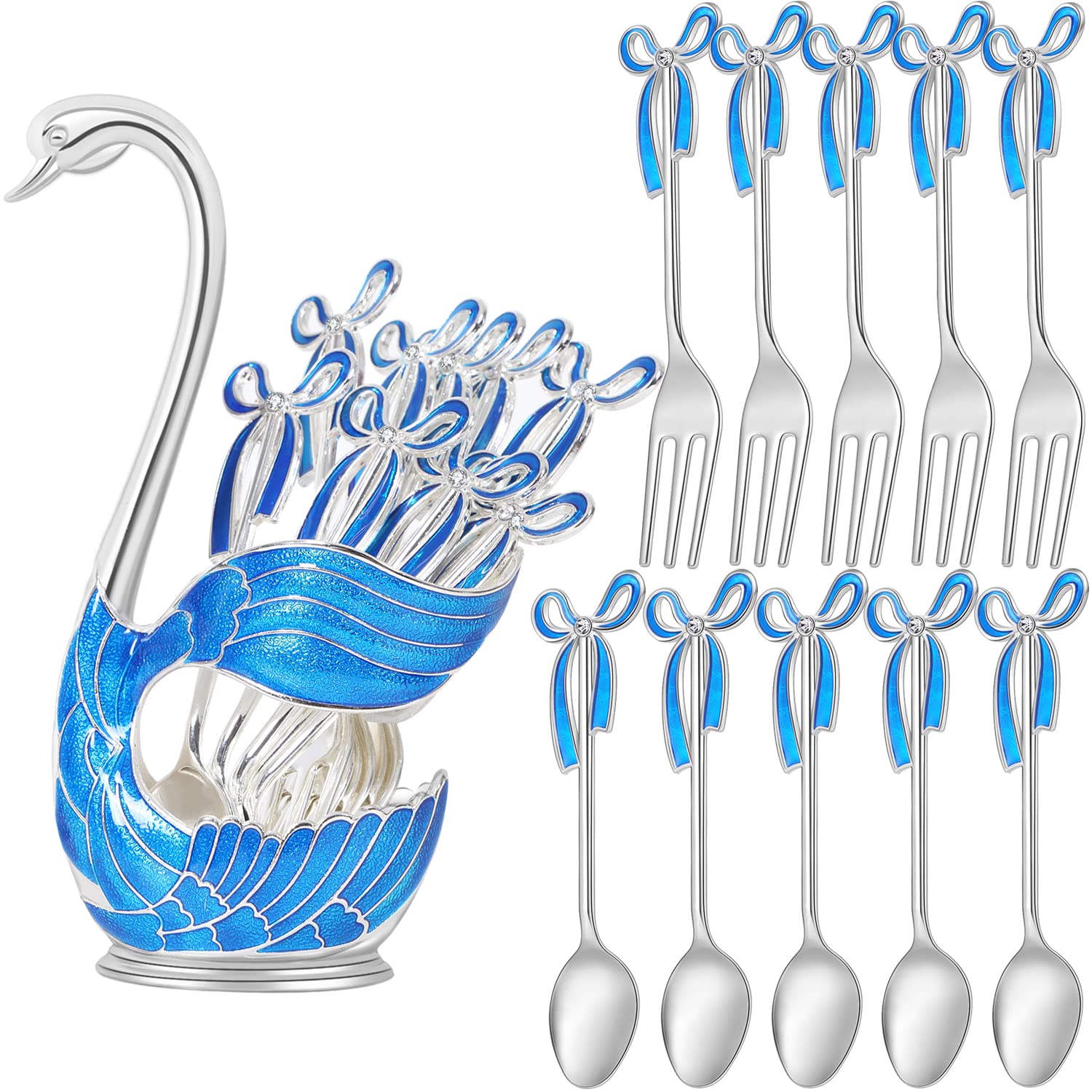 Gusnilo 11PCS Coffee Spoon Dessert Fork Dinnerware Set,Swan Base Holder with 5 Forks and 5 Spoons Metal Creative Dinnerware Set Mini Dessert Spoons Use for Dessert Shop Home Cafe(Silver Blue,Swan)